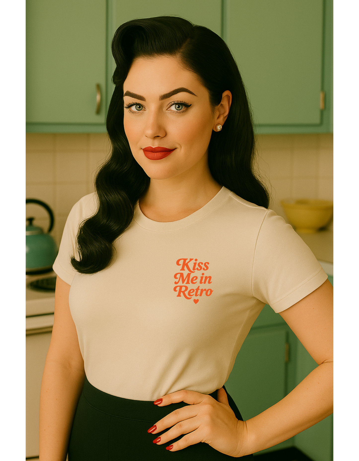 Retro Mini Slogan Unisex T-Shirt – Kiss Me in Retro Graphic Tee, Vintage Pin Up Inspired Top, 50s Rockabilly Style, Feminine Retro Statement Shirt - Madame Soulière