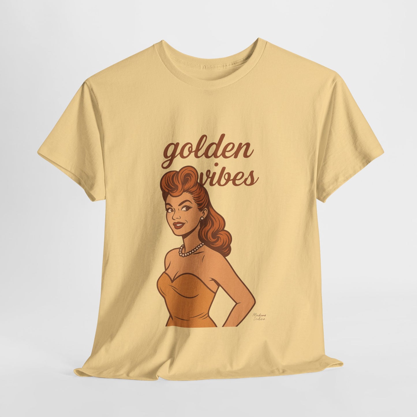 Golden Vibes – Retro Pin-Up Graphic Tee | Unisex Vintage Aesthetic T-Shirt - Madame Soulière