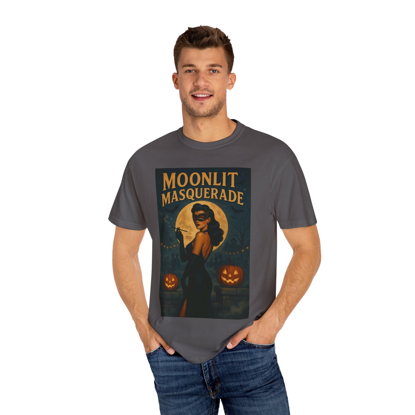 Moonlit Masquerade Halloween Unisex T-Shirt – Retro Vintage Masquerade Ball Graphic Tee, Spooky Horror Top - Madame Soulière