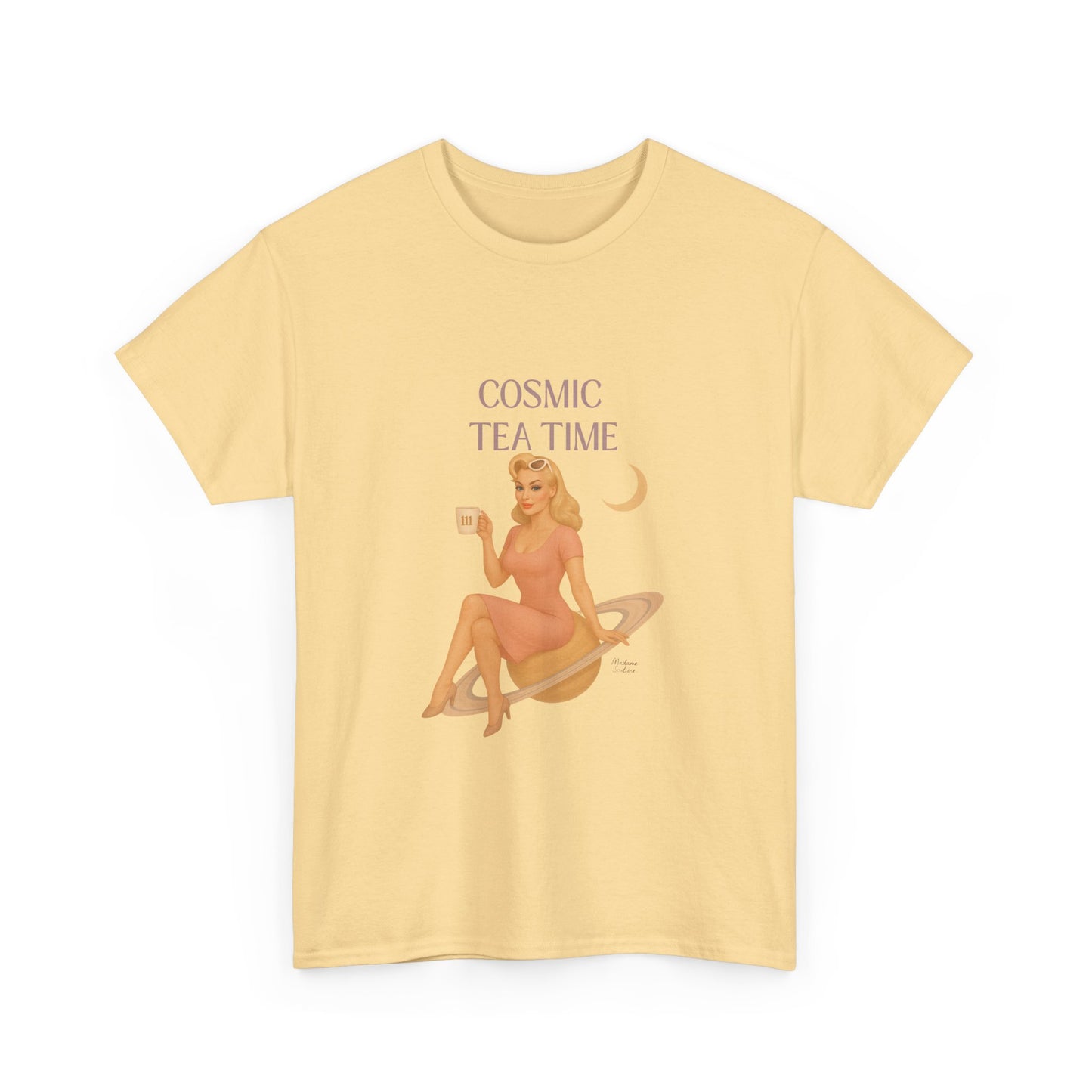 Cosmic Tea Time 111 Unisex T-Shirt – Retro Vintage Graphic Tee, Angel Number Shirt, Spiritual Pin Up Top, Unisex Cosmic Vibes Tee - Madame Soulière