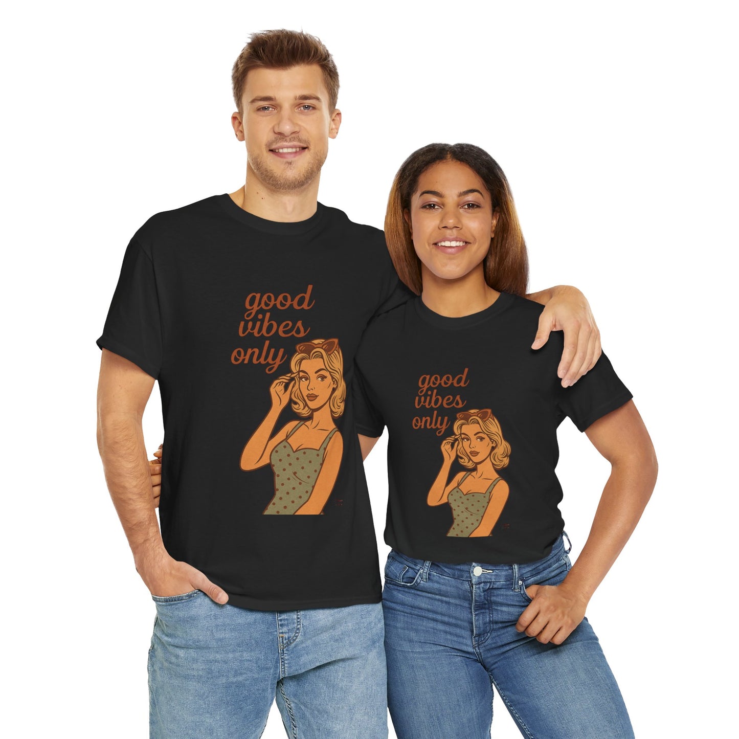 Retro Graphic Unisex T-Shirt – Good Vibes Only Vintage Pin Up Tee, 50s Inspired Feminine Empowerment Top, Spiritual Positive Energy Shirt - Madame Soulière