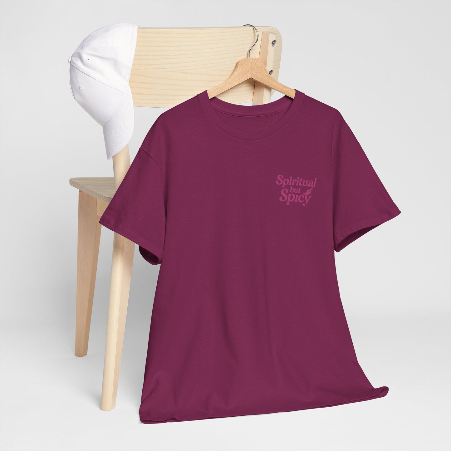 Spiritual but Spicy Unisex T-Shirt – Retro Mini Slogan Tee, Vintage Inspired Graphic Top, Feminine Statement Shirt - Madame Soulière