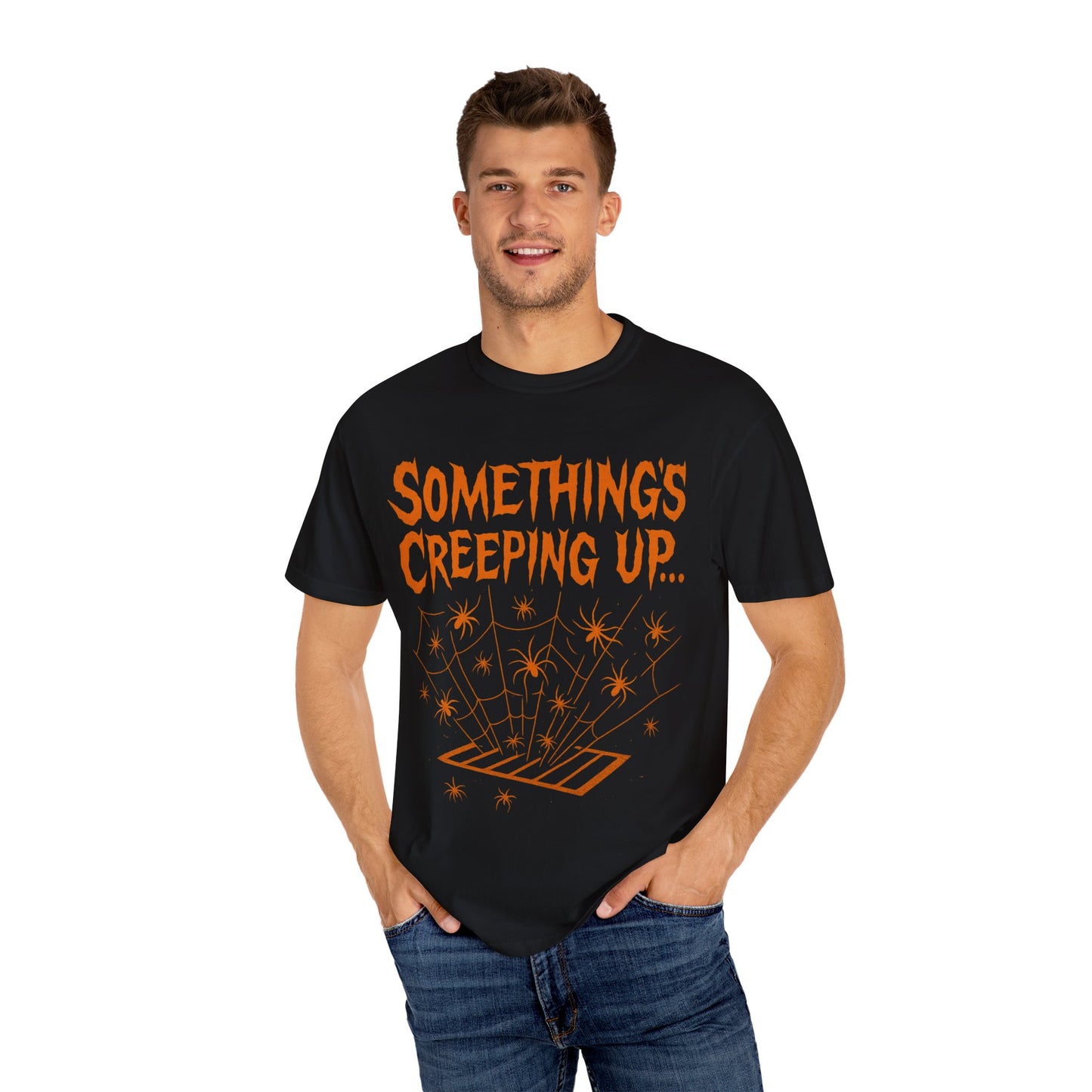 Halloween Creepy Unisex T-Shirt – Something’s Creeping Up Graphic Tee, Retro Vintage Spooky Top, Scary Season - Madame Soulière