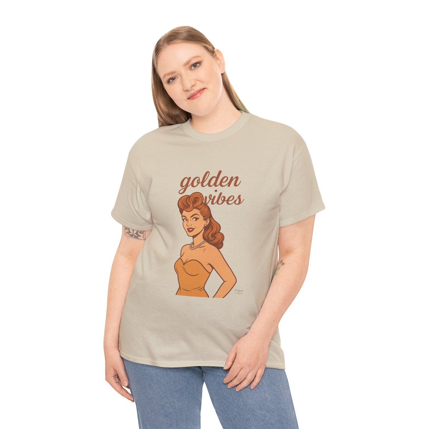 Golden Vibes – Retro Pin-Up Graphic Tee | Unisex Vintage Aesthetic T-Shirt - Madame Soulière