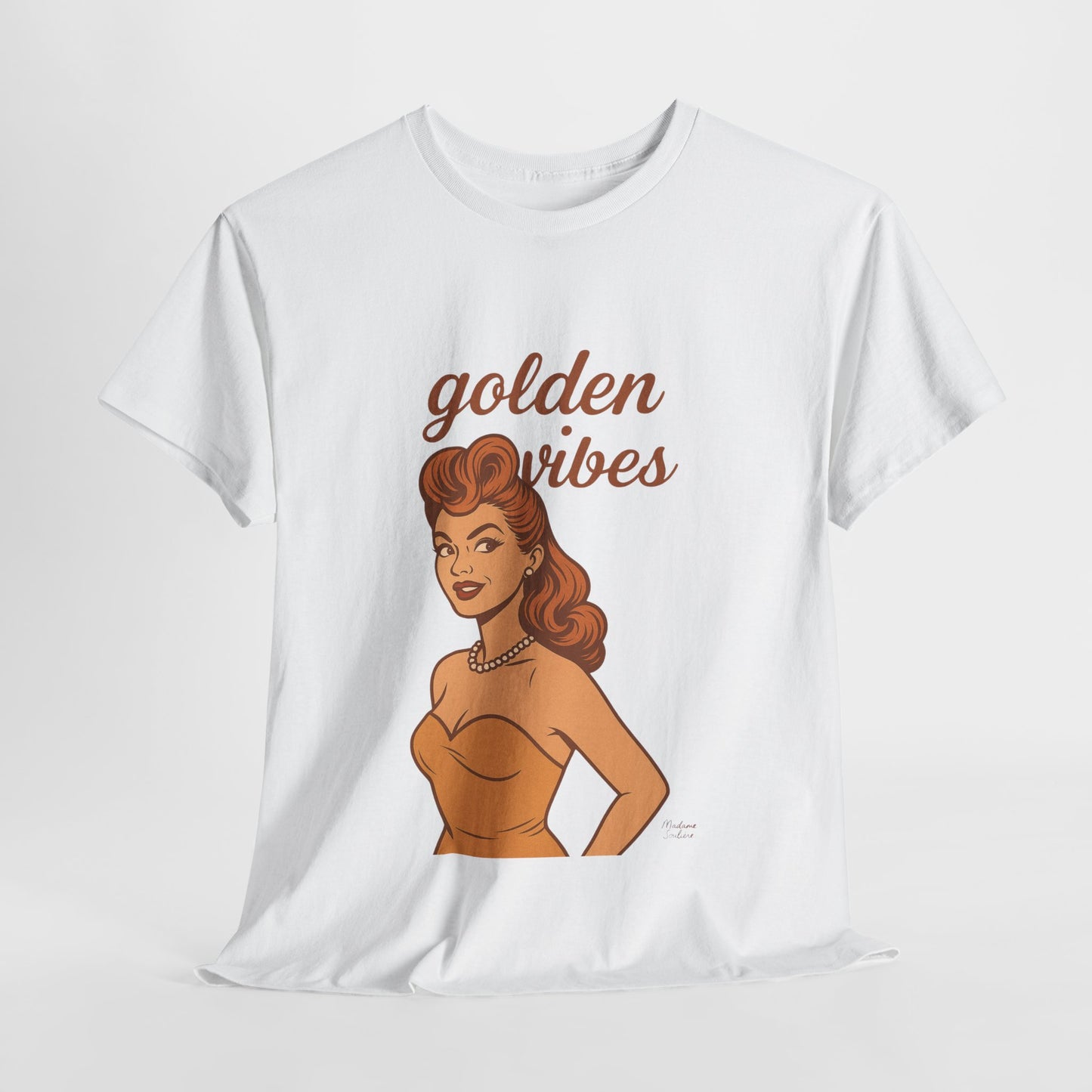 Golden Vibes – Retro Pin-Up Graphic Tee | Unisex Vintage Aesthetic T-Shirt - Madame Soulière
