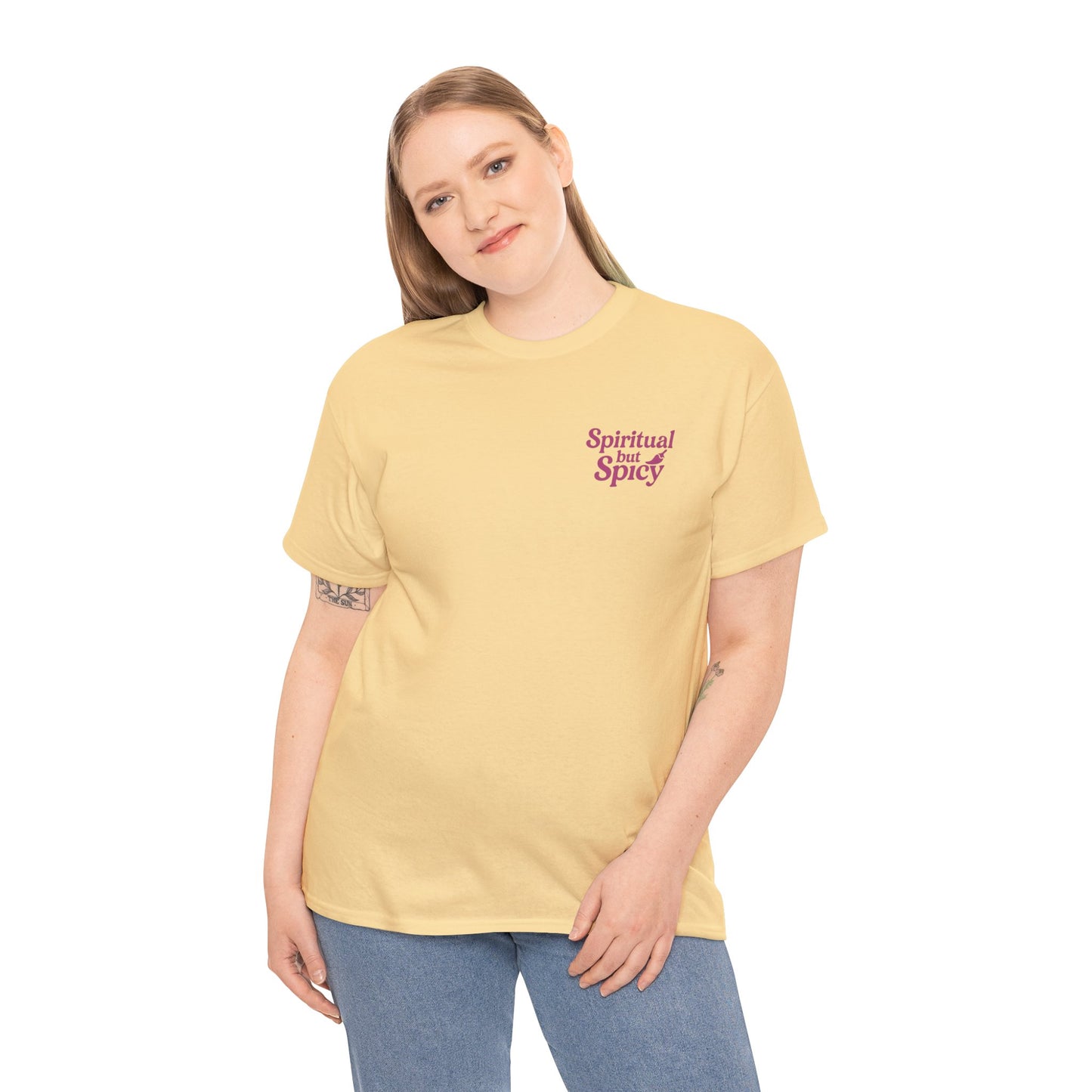 Spiritual but Spicy Unisex T-Shirt – Retro Mini Slogan Tee, Vintage Inspired Graphic Top, Feminine Statement Shirt - Madame Soulière