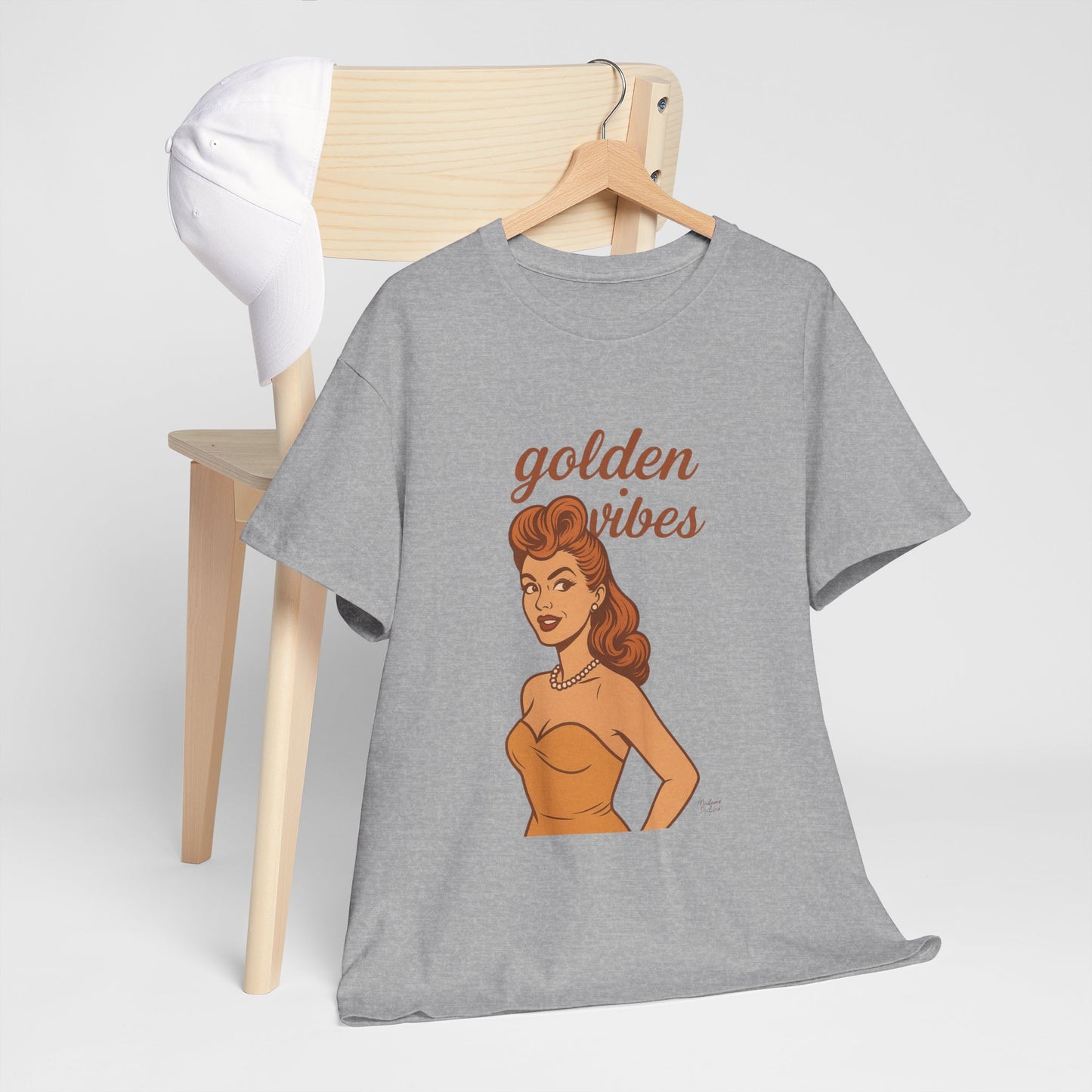 Golden Vibes – Retro Pin-Up Graphic Tee | Unisex Vintage Aesthetic T-Shirt - Madame Soulière