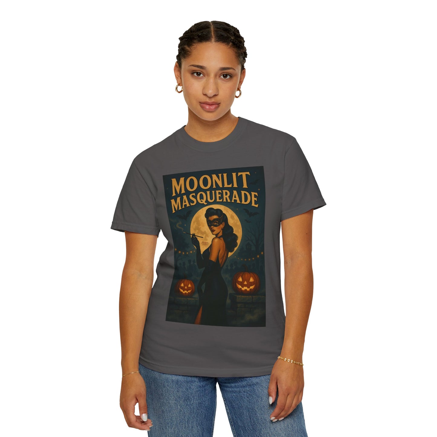 Moonlit Masquerade Halloween Unisex T-Shirt – Retro Vintage Masquerade Ball Graphic Tee, Spooky Horror Top - Madame Soulière