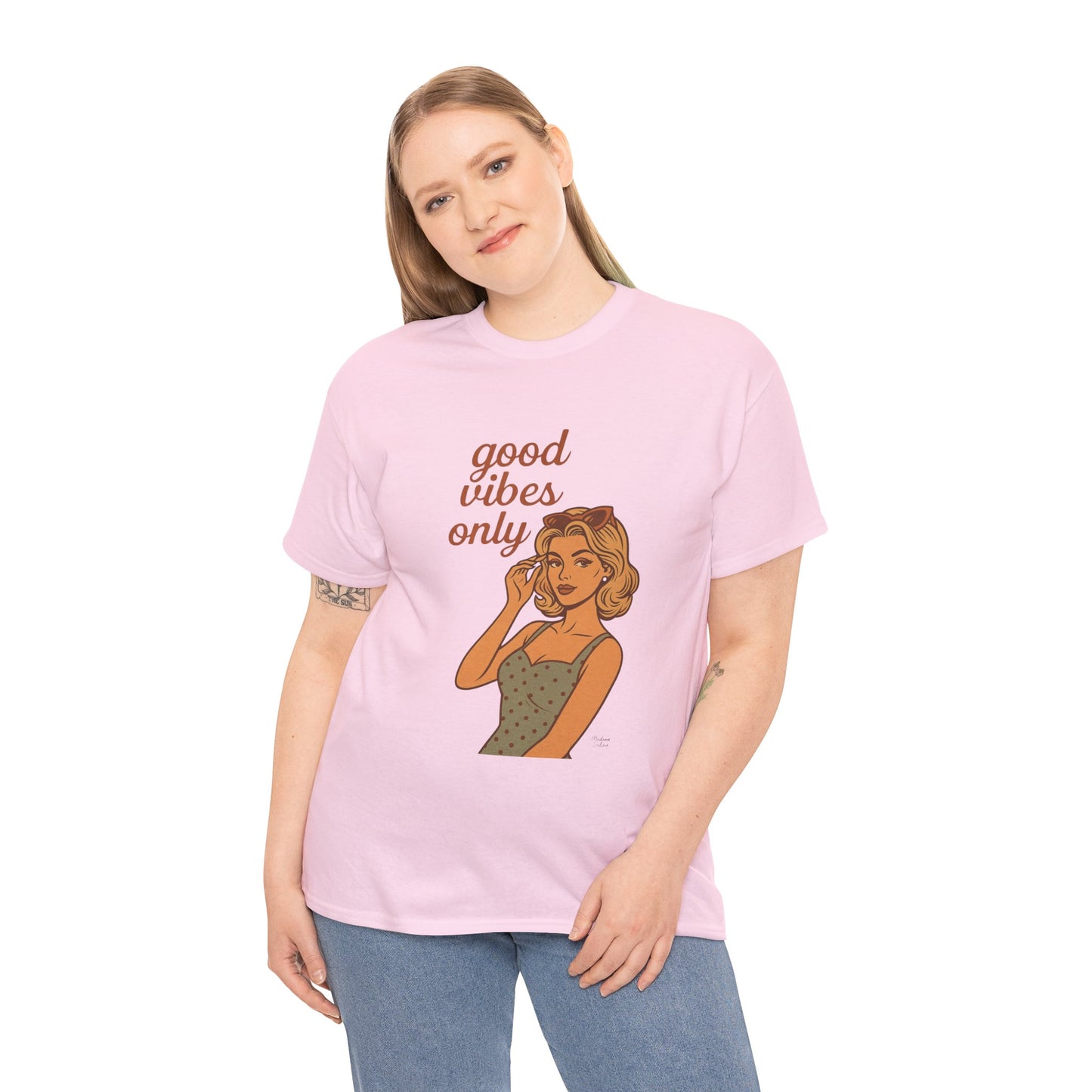 Retro Graphic Unisex T-Shirt – Good Vibes Only Vintage Pin Up Tee, 50s Inspired Feminine Empowerment Top, Spiritual Positive Energy Shirt - Madame Soulière