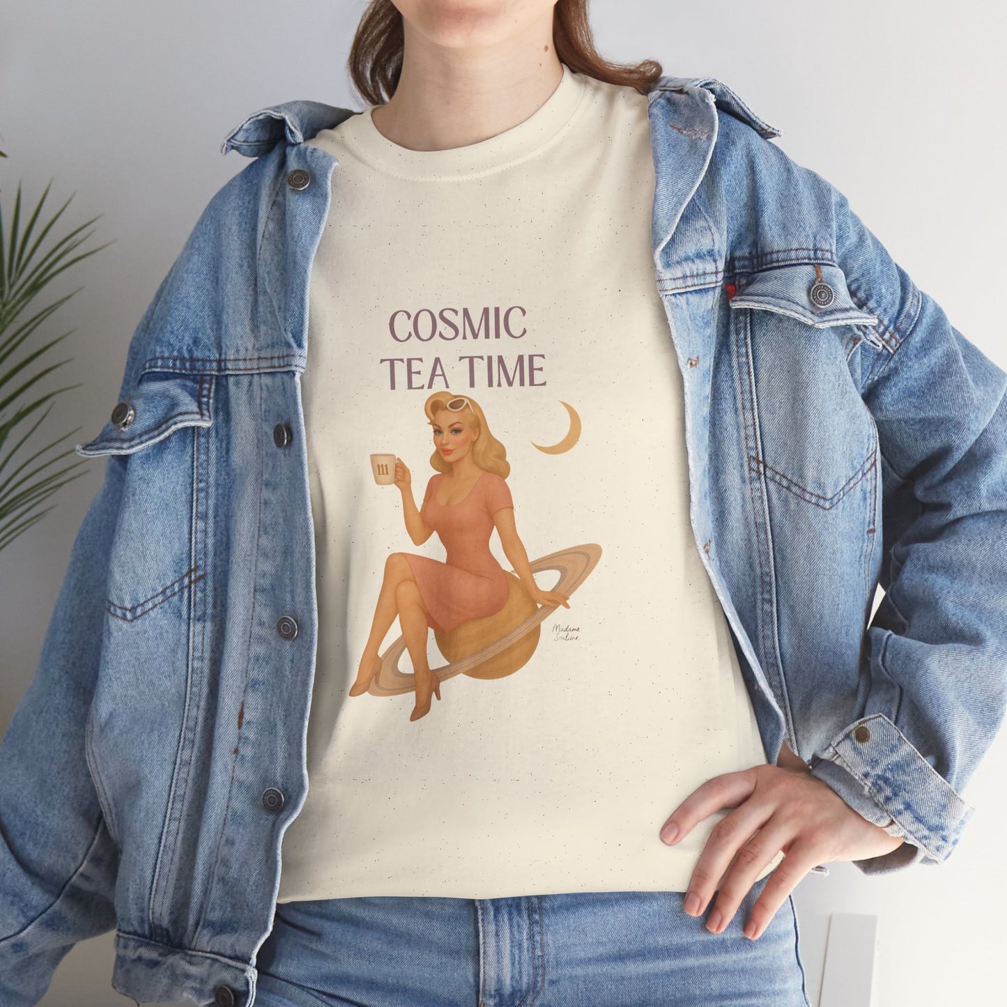 Cosmic Tea Time 111 Unisex T-Shirt – Retro Vintage Graphic Tee, Angel Number Shirt, Spiritual Pin Up Top, Unisex Cosmic Vibes Tee - Madame Soulière