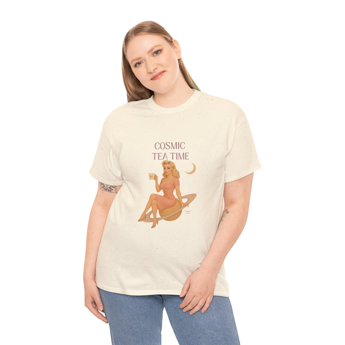 Cosmic Tea Time 111 Unisex T-Shirt – Retro Vintage Graphic Tee, Angel Number Shirt, Spiritual Pin Up Top, Unisex Cosmic Vibes Tee - Madame Soulière