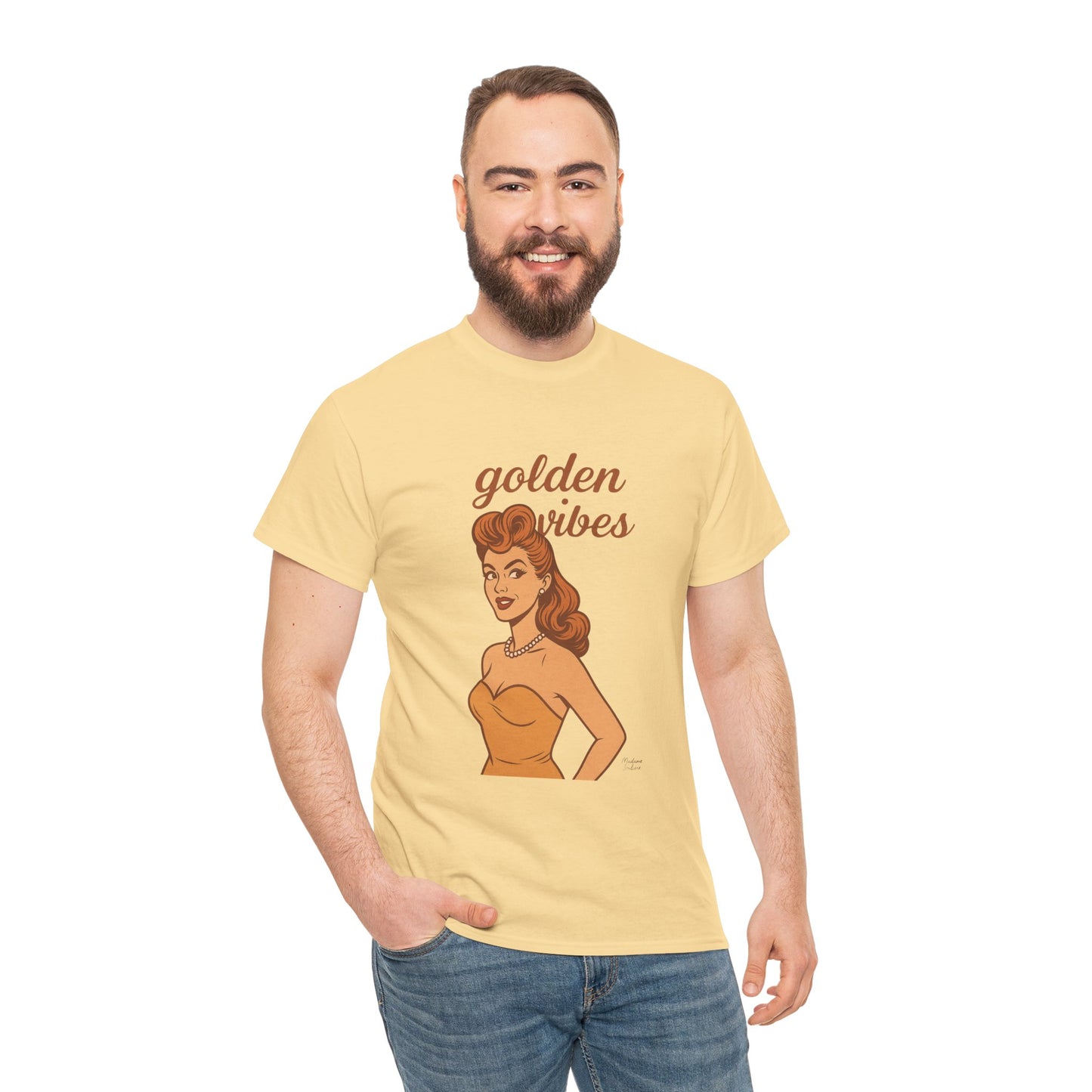 Golden Vibes – Retro Pin-Up Graphic Tee | Unisex Vintage Aesthetic T-Shirt - Madame Soulière