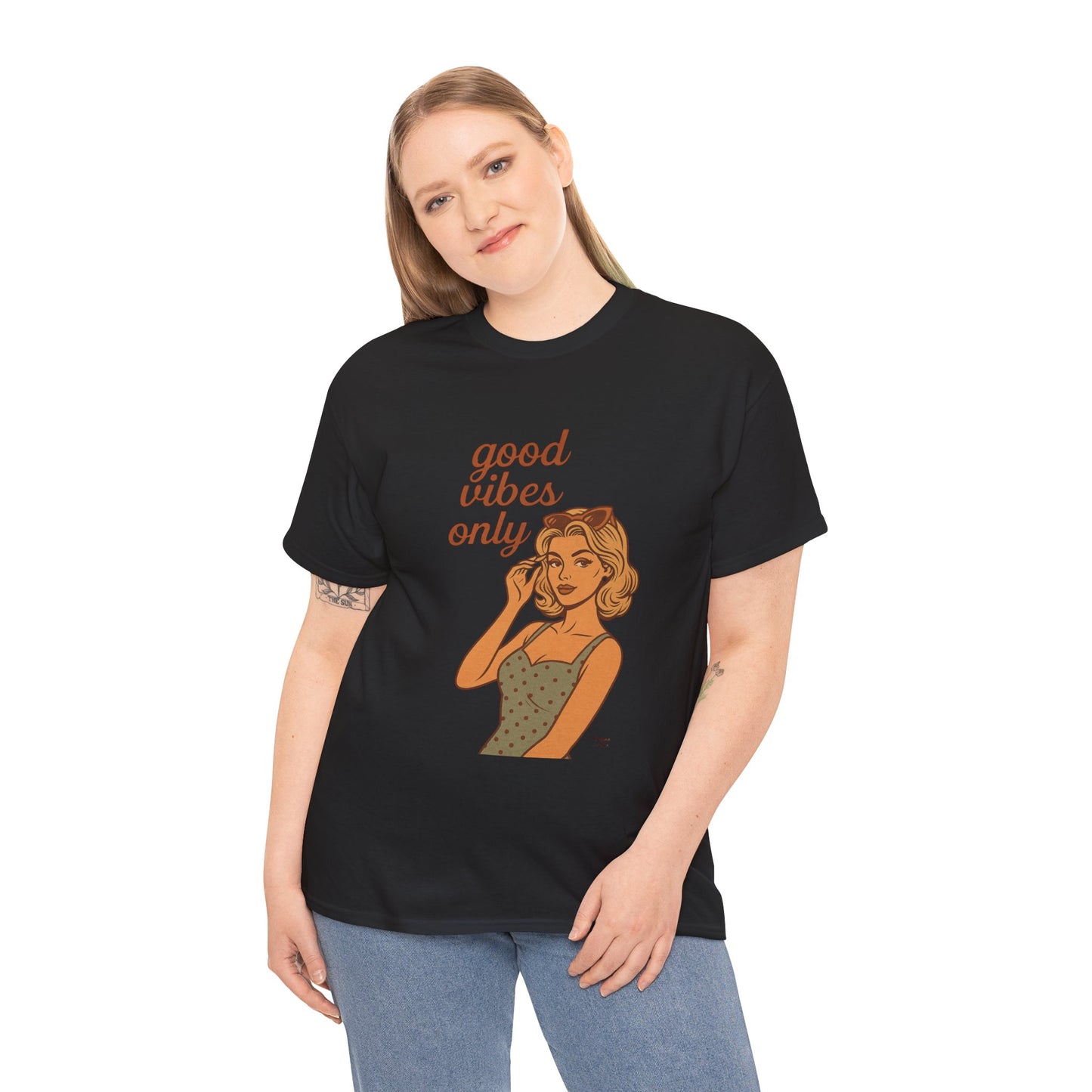 Retro Graphic Unisex T-Shirt – Good Vibes Only Vintage Pin Up Tee, 50s Inspired Feminine Empowerment Top, Spiritual Positive Energy Shirt - Madame Soulière