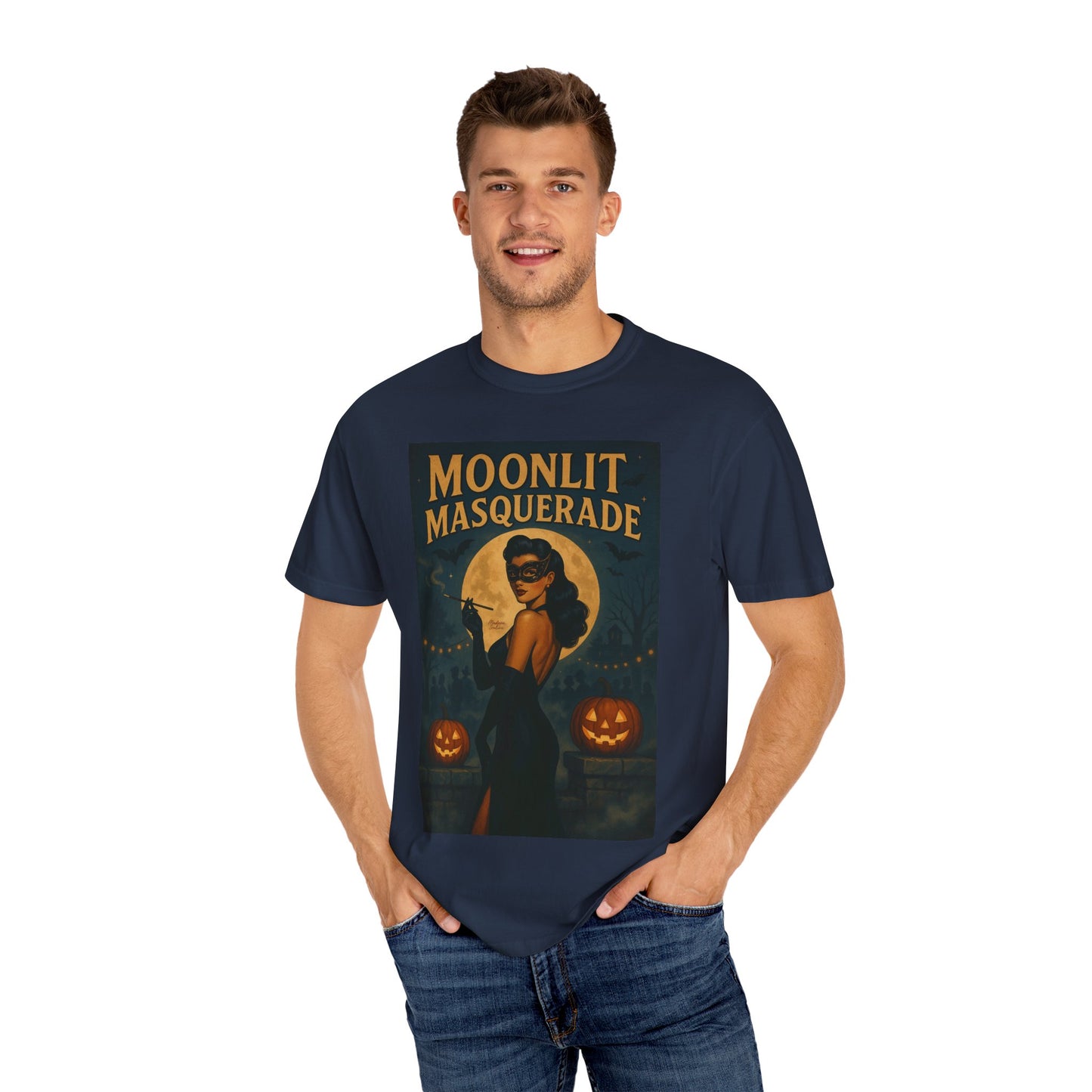 Moonlit Masquerade Halloween Unisex T-Shirt – Retro Vintage Masquerade Ball Graphic Tee, Spooky Horror Top - Madame Soulière