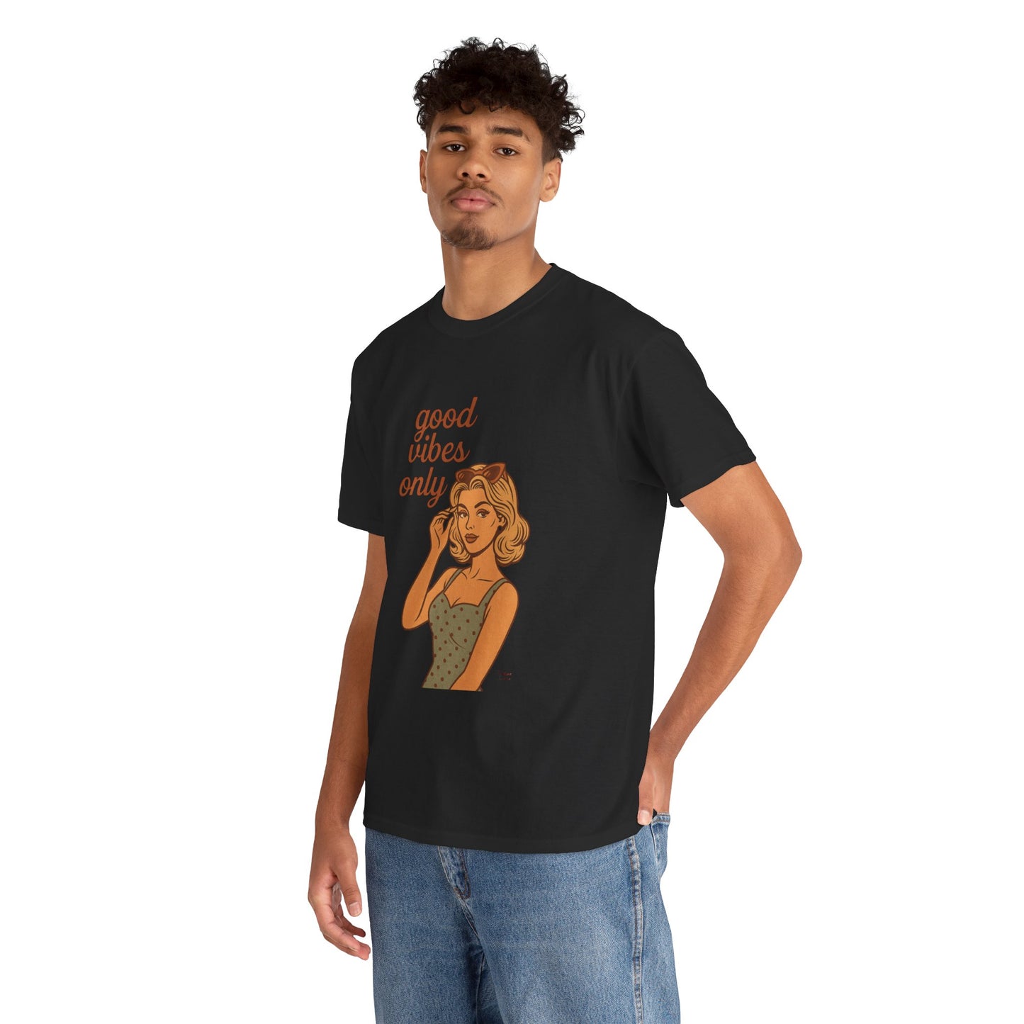 Retro Graphic Unisex T-Shirt – Good Vibes Only Vintage Pin Up Tee, 50s Inspired Feminine Empowerment Top, Spiritual Positive Energy Shirt - Madame Soulière