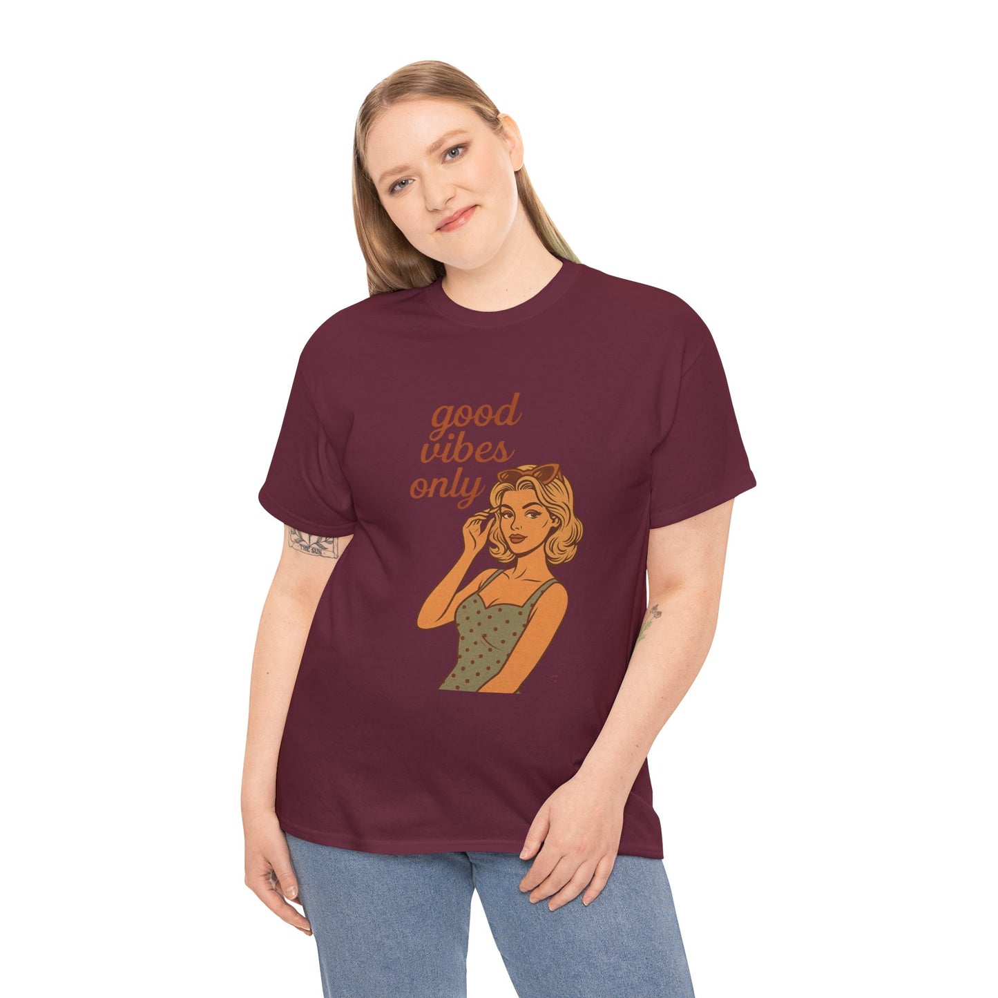 Retro Graphic Unisex T-Shirt – Good Vibes Only Vintage Pin Up Tee, 50s Inspired Feminine Empowerment Top, Spiritual Positive Energy Shirt - Madame Soulière