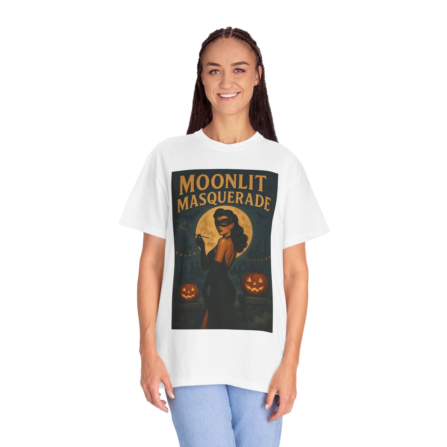 Moonlit Masquerade Halloween Unisex T-Shirt – Retro Vintage Masquerade Ball Graphic Tee, Spooky Horror Top - Madame Soulière