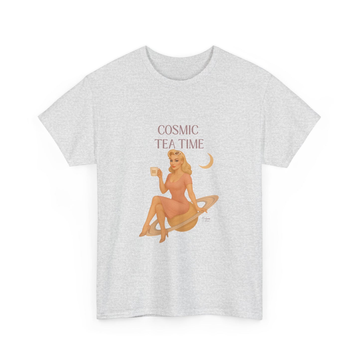 Cosmic Tea Time 111 Unisex T-Shirt – Retro Vintage Graphic Tee, Angel Number Shirt, Spiritual Pin Up Top, Unisex Cosmic Vibes Tee - Madame Soulière