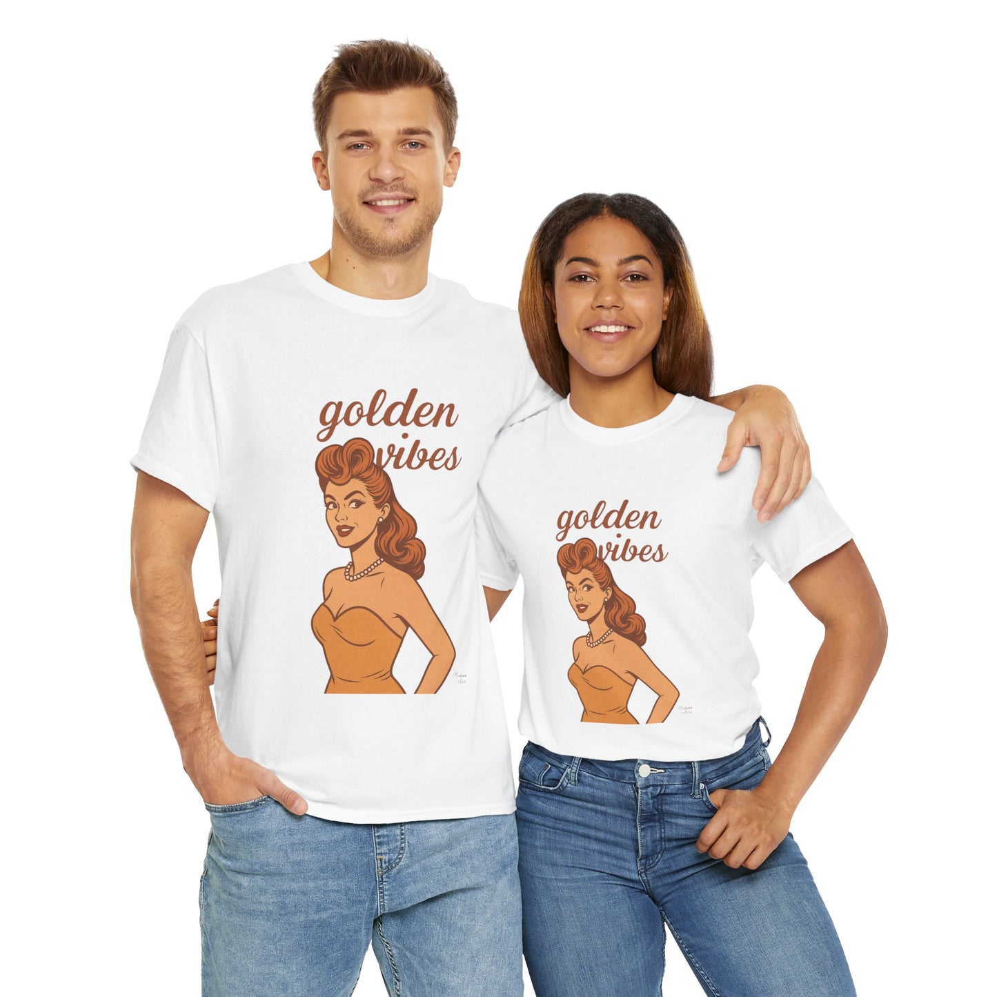 Golden Vibes – Retro Pin-Up Graphic Tee | Unisex Vintage Aesthetic T-Shirt - Madame Soulière