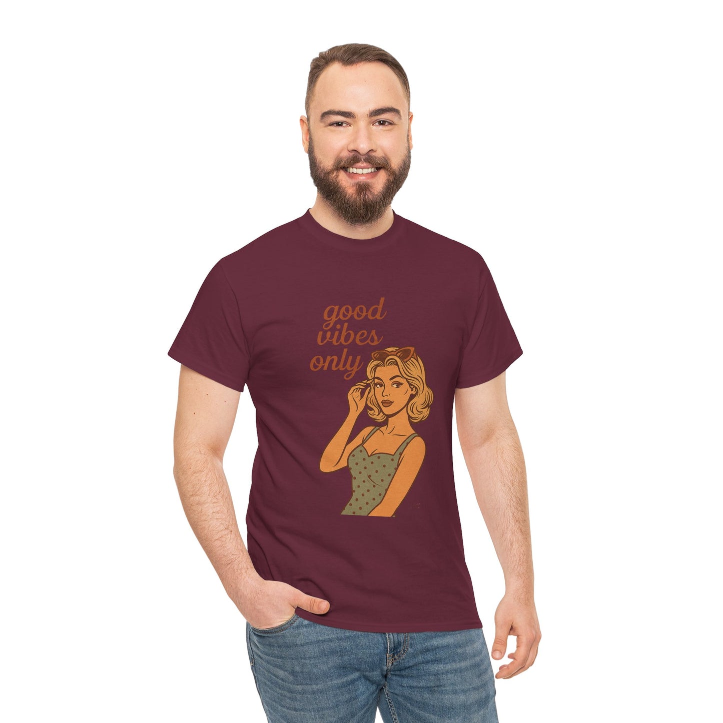 Retro Graphic Unisex T-Shirt – Good Vibes Only Vintage Pin Up Tee, 50s Inspired Feminine Empowerment Top, Spiritual Positive Energy Shirt - Madame Soulière