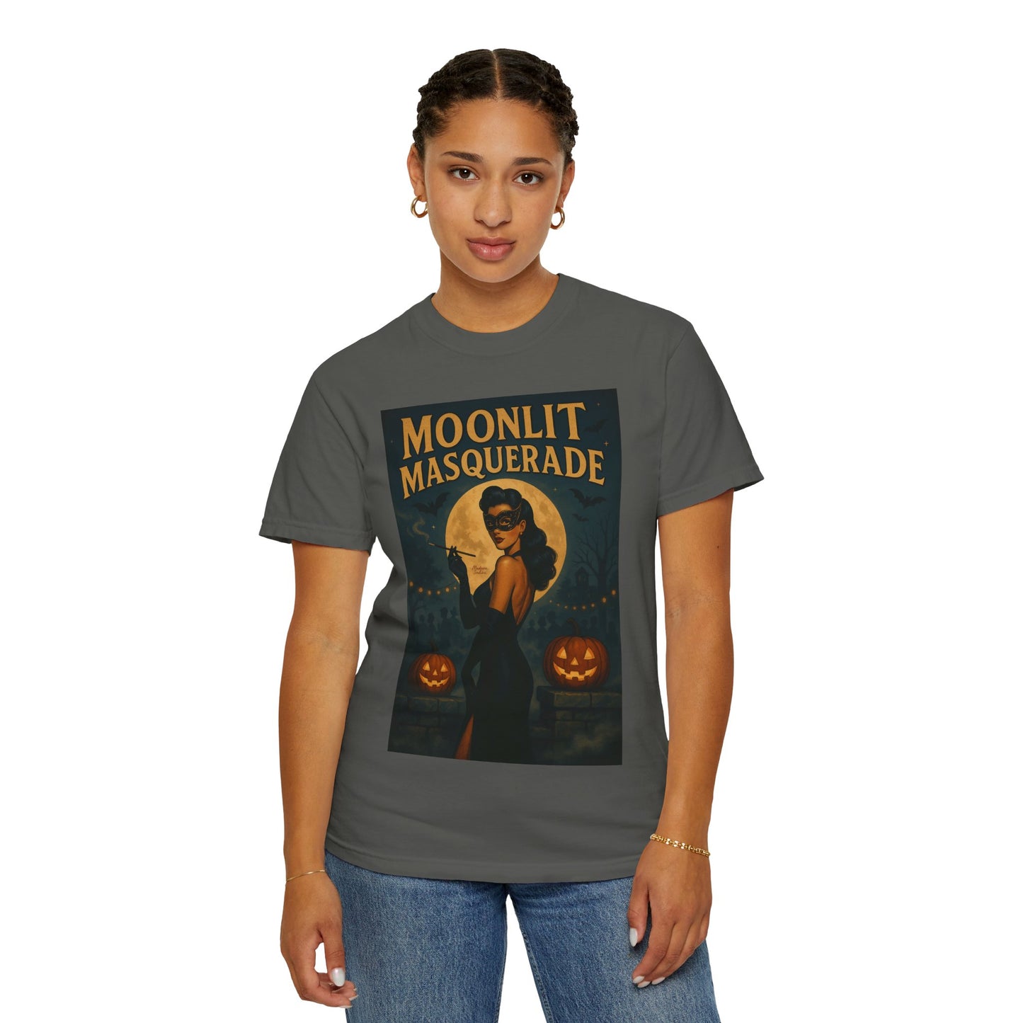Moonlit Masquerade Halloween Unisex T-Shirt – Retro Vintage Masquerade Ball Graphic Tee, Spooky Horror Top - Madame Soulière