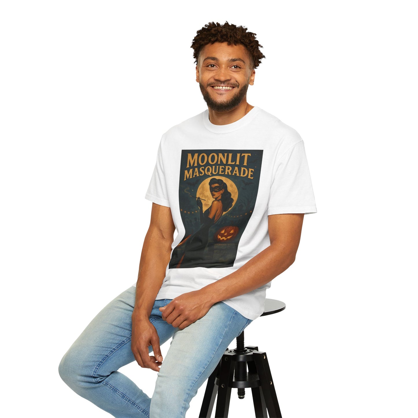 Moonlit Masquerade Halloween Unisex T-Shirt – Retro Vintage Masquerade Ball Graphic Tee, Spooky Horror Top - Madame Soulière