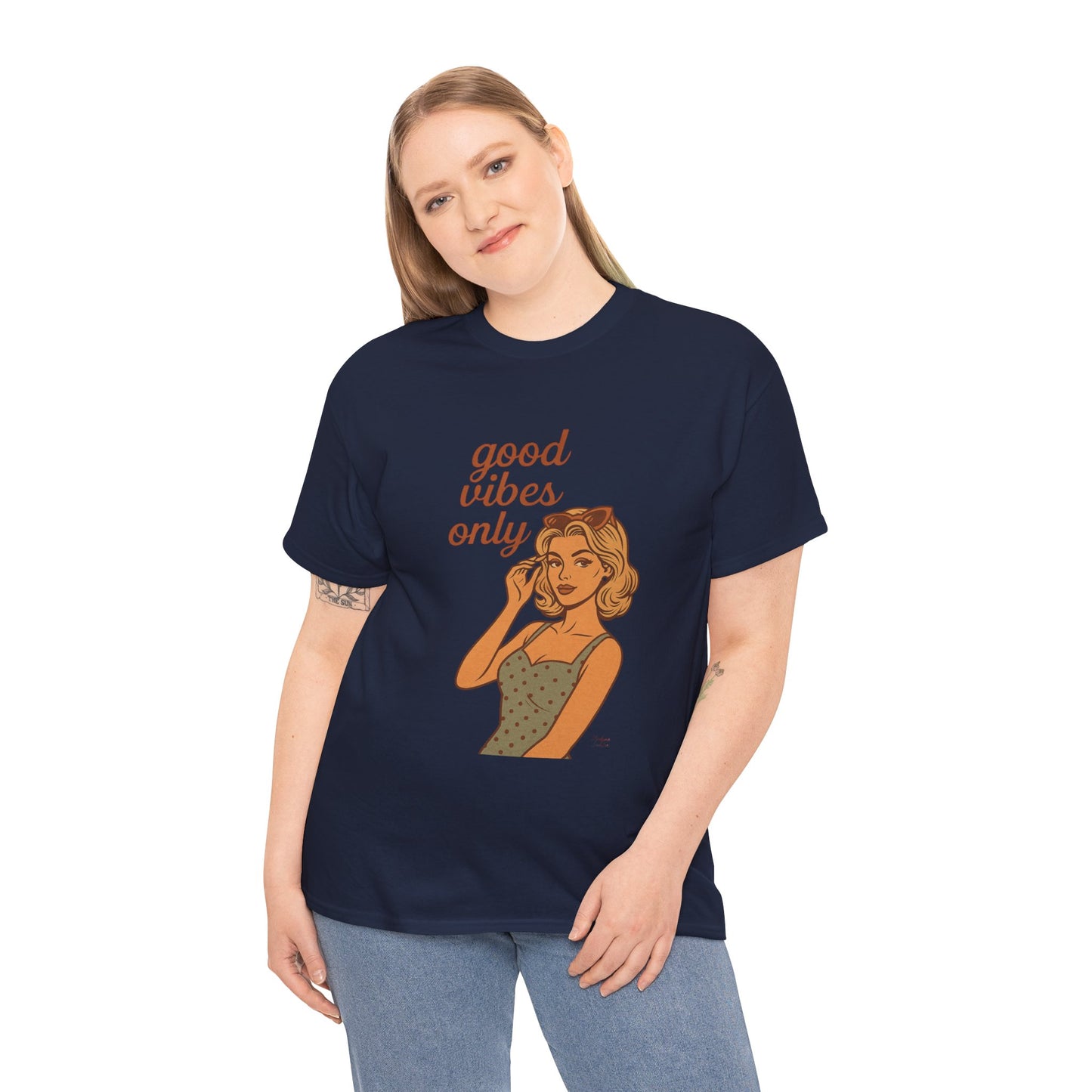 Retro Graphic Unisex T-Shirt – Good Vibes Only Vintage Pin Up Tee, 50s Inspired Feminine Empowerment Top, Spiritual Positive Energy Shirt - Madame Soulière