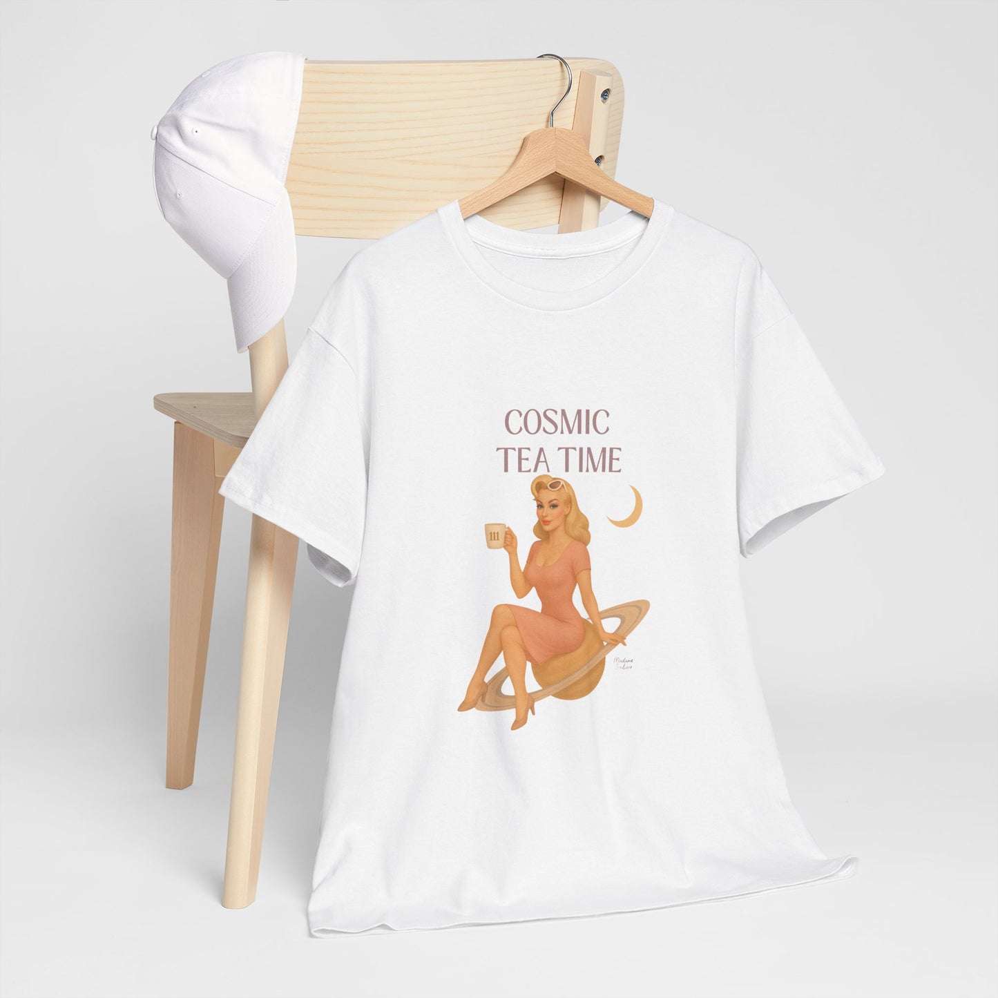 Cosmic Tea Time 111 Unisex T-Shirt – Retro Vintage Graphic Tee, Angel Number Shirt, Spiritual Pin Up Top, Unisex Cosmic Vibes Tee - Madame Soulière