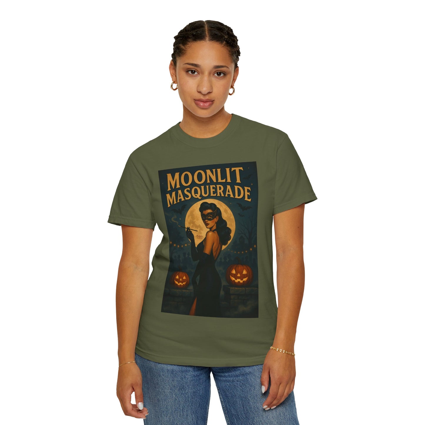 Moonlit Masquerade Halloween Unisex T-Shirt – Retro Vintage Masquerade Ball Graphic Tee, Spooky Horror Top - Madame Soulière