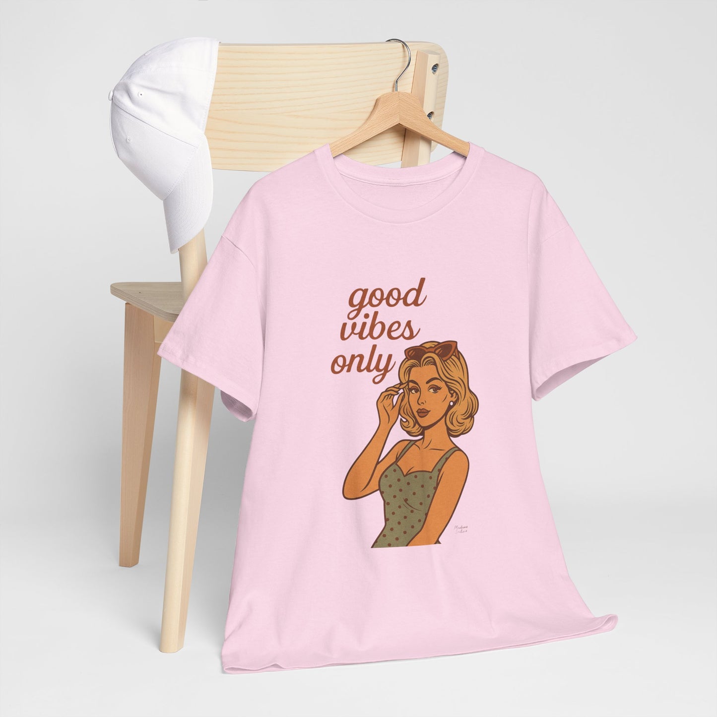 Retro Graphic Unisex T-Shirt – Good Vibes Only Vintage Pin Up Tee, 50s Inspired Feminine Empowerment Top, Spiritual Positive Energy Shirt - Madame Soulière