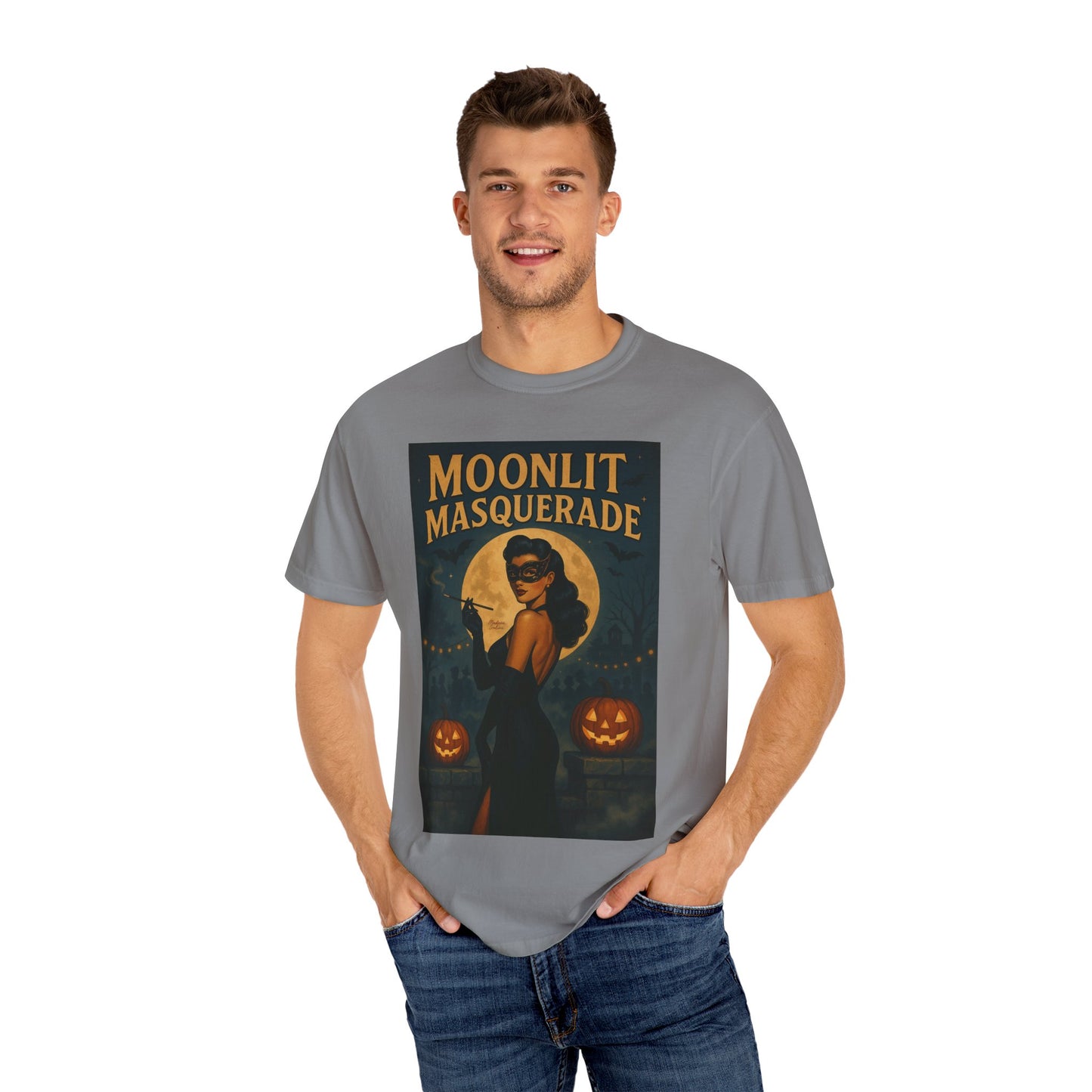 Moonlit Masquerade Halloween Unisex T-Shirt – Retro Vintage Masquerade Ball Graphic Tee, Spooky Horror Top - Madame Soulière