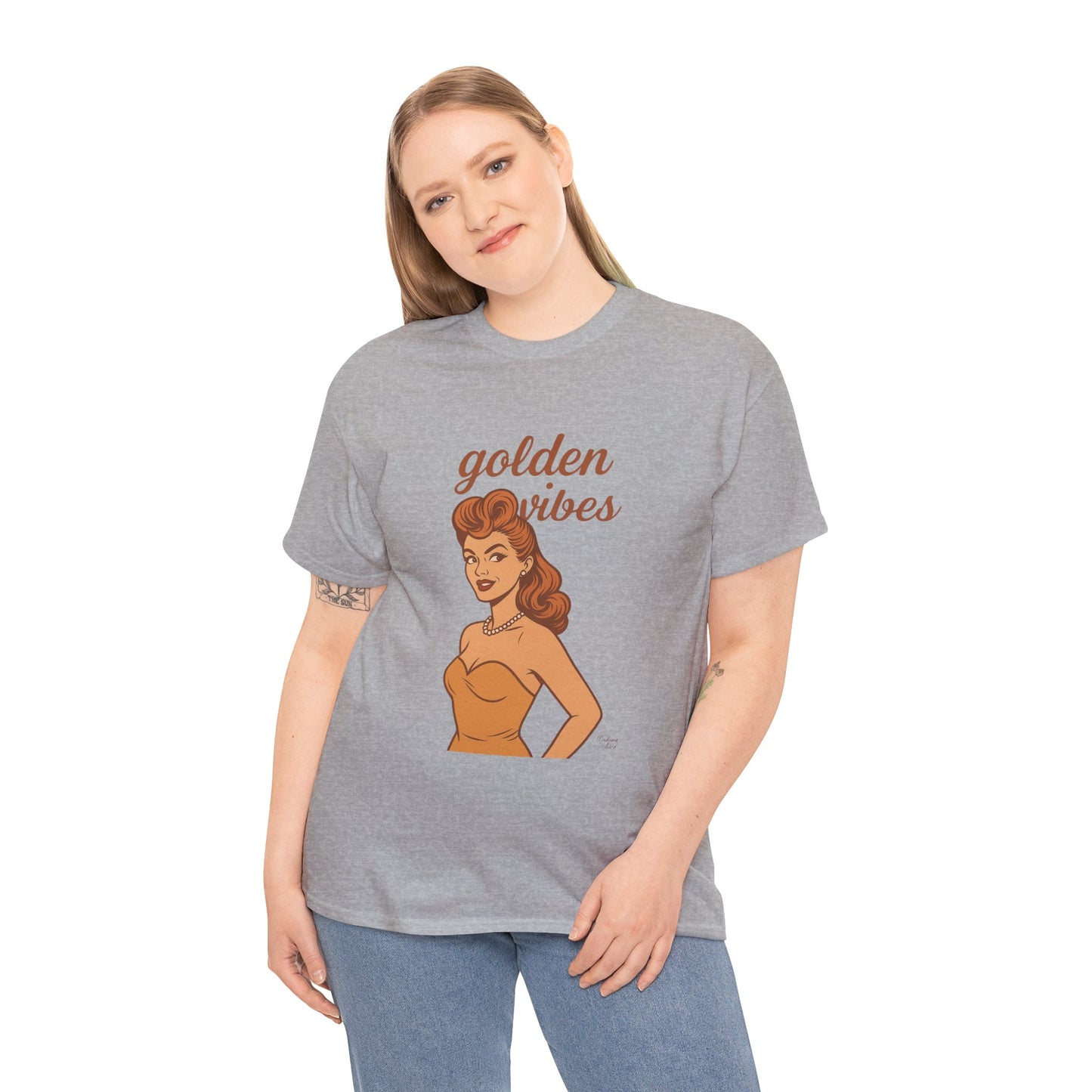 Golden Vibes – Retro Pin-Up Graphic Tee | Unisex Vintage Aesthetic T-Shirt - Madame Soulière