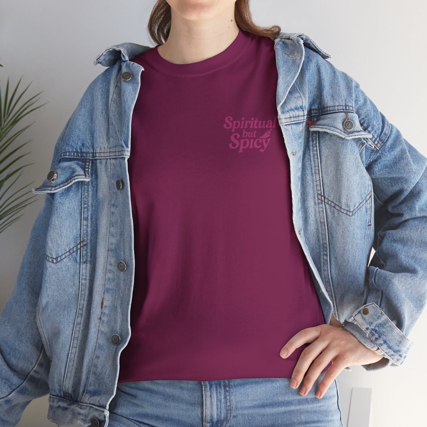 Spiritual but Spicy Unisex T-Shirt – Retro Mini Slogan Tee, Vintage Inspired Graphic Top, Feminine Statement Shirt - Madame Soulière