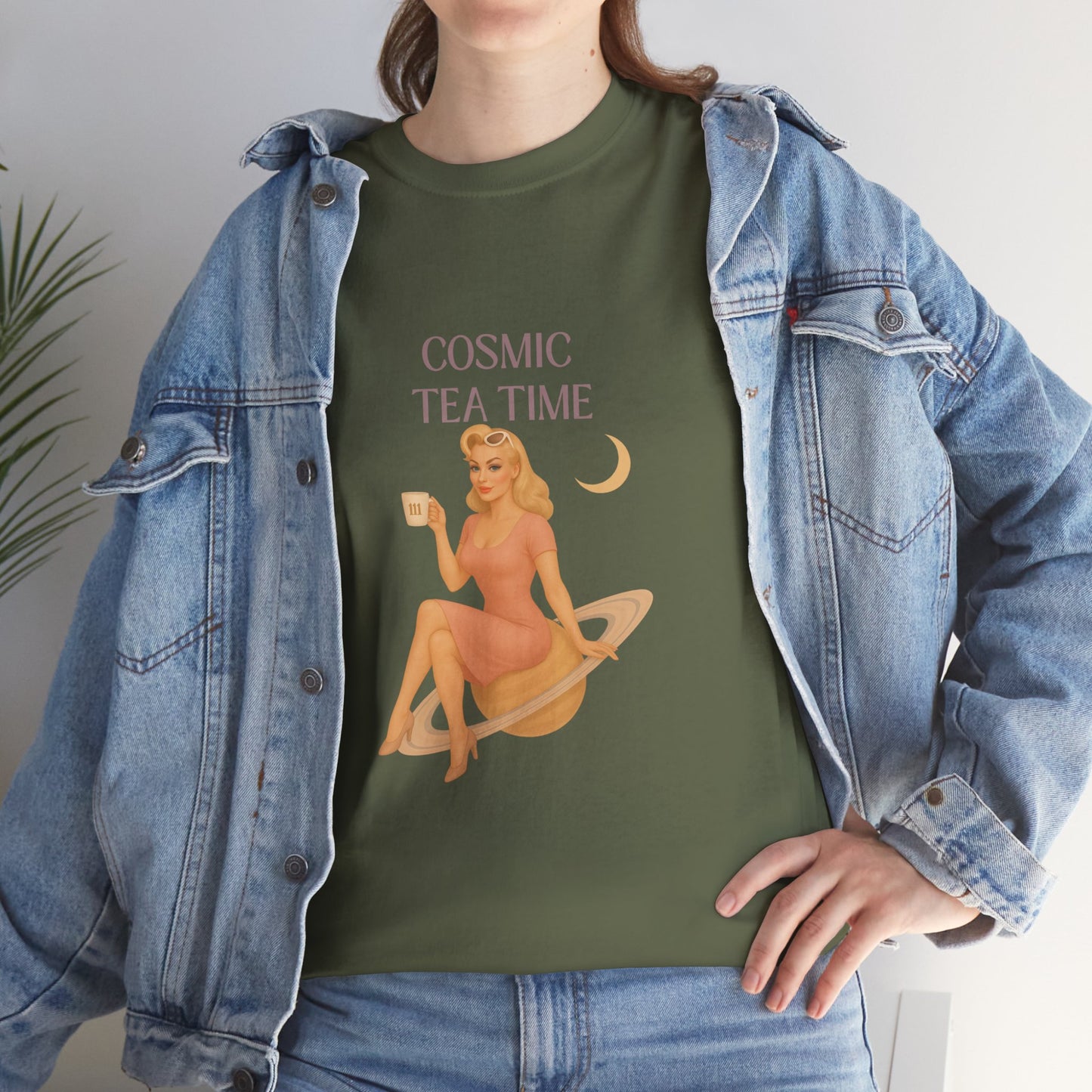 Cosmic Tea Time 111 Unisex T-Shirt – Retro Vintage Graphic Tee, Angel Number Shirt, Spiritual Pin Up Top, Unisex Cosmic Vibes Tee - Madame Soulière