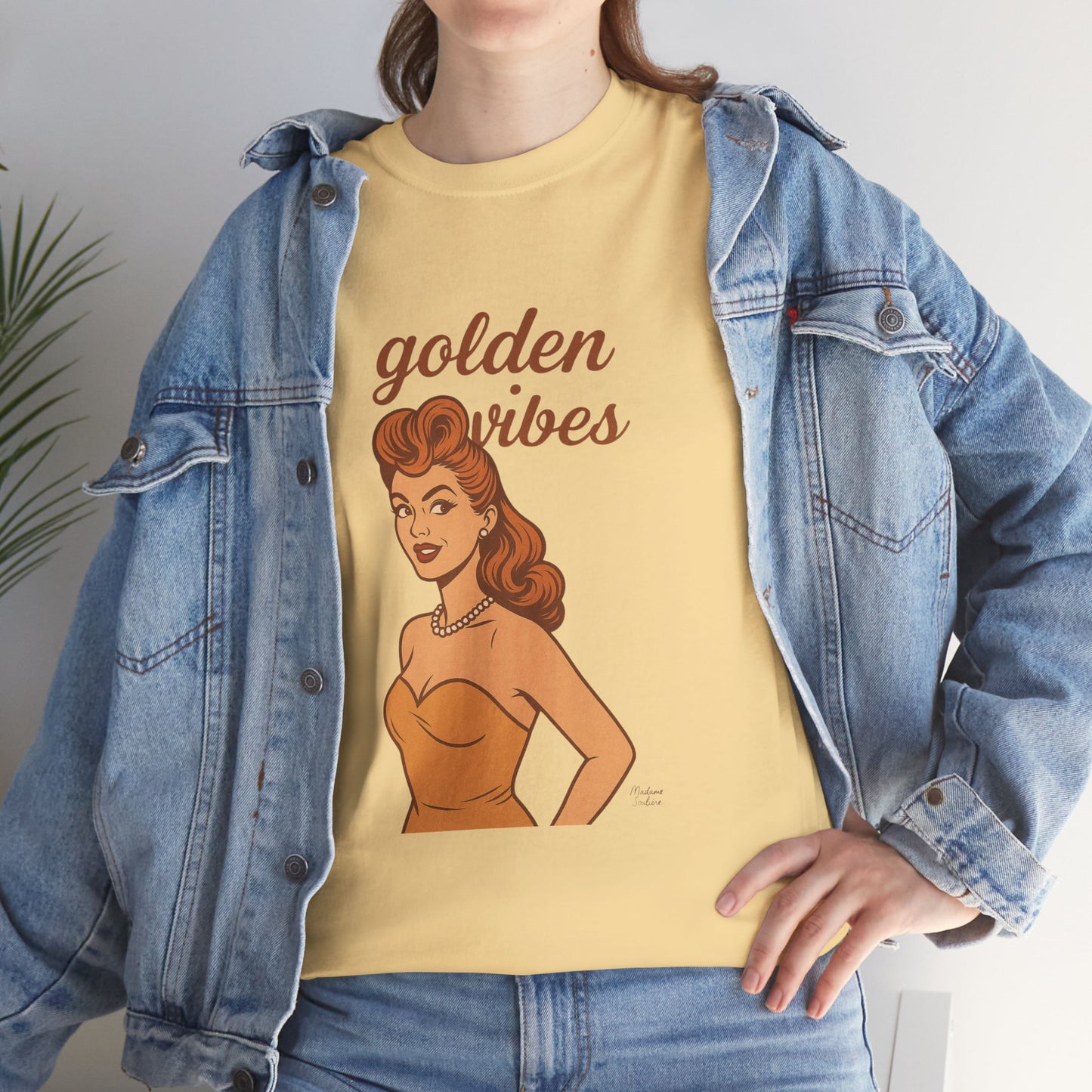 Golden Vibes – Retro Pin-Up Graphic Tee | Unisex Vintage Aesthetic T-Shirt - Madame Soulière