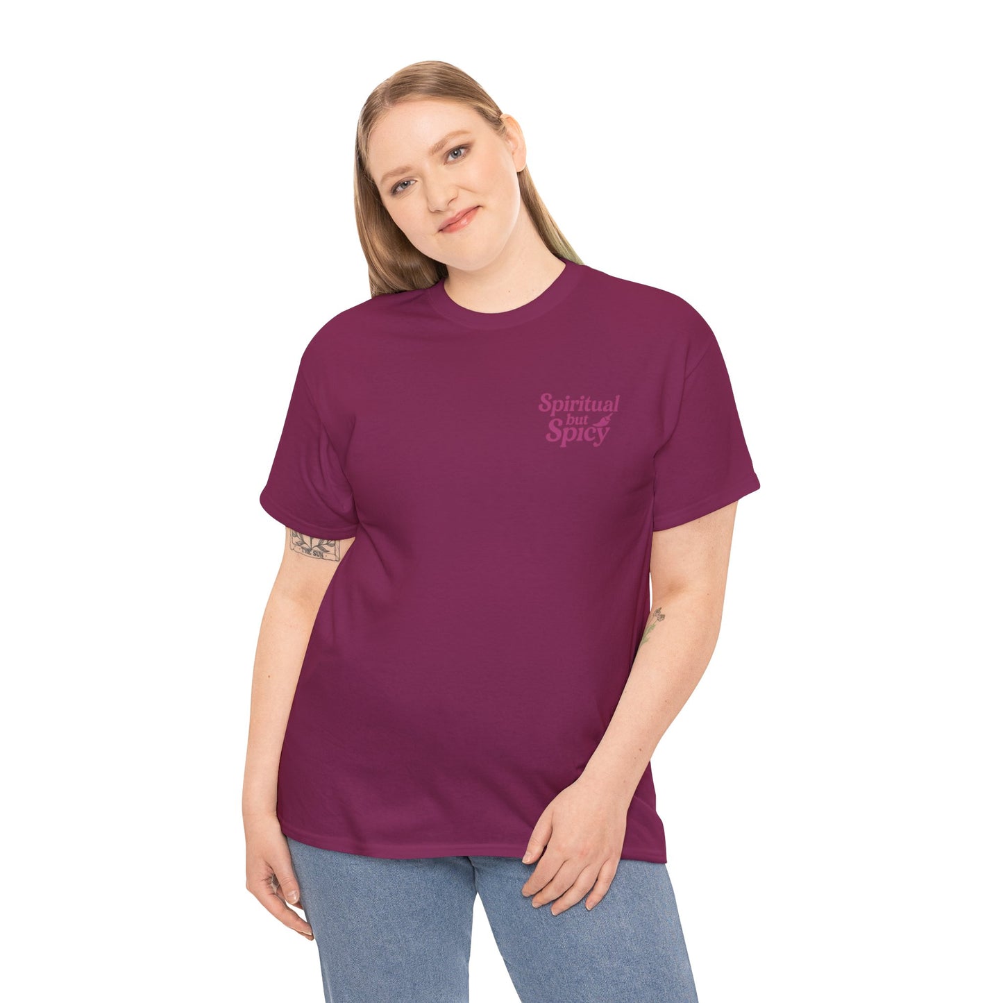 Spiritual but Spicy Unisex T-Shirt – Retro Mini Slogan Tee, Vintage Inspired Graphic Top, Feminine Statement Shirt - Madame Soulière