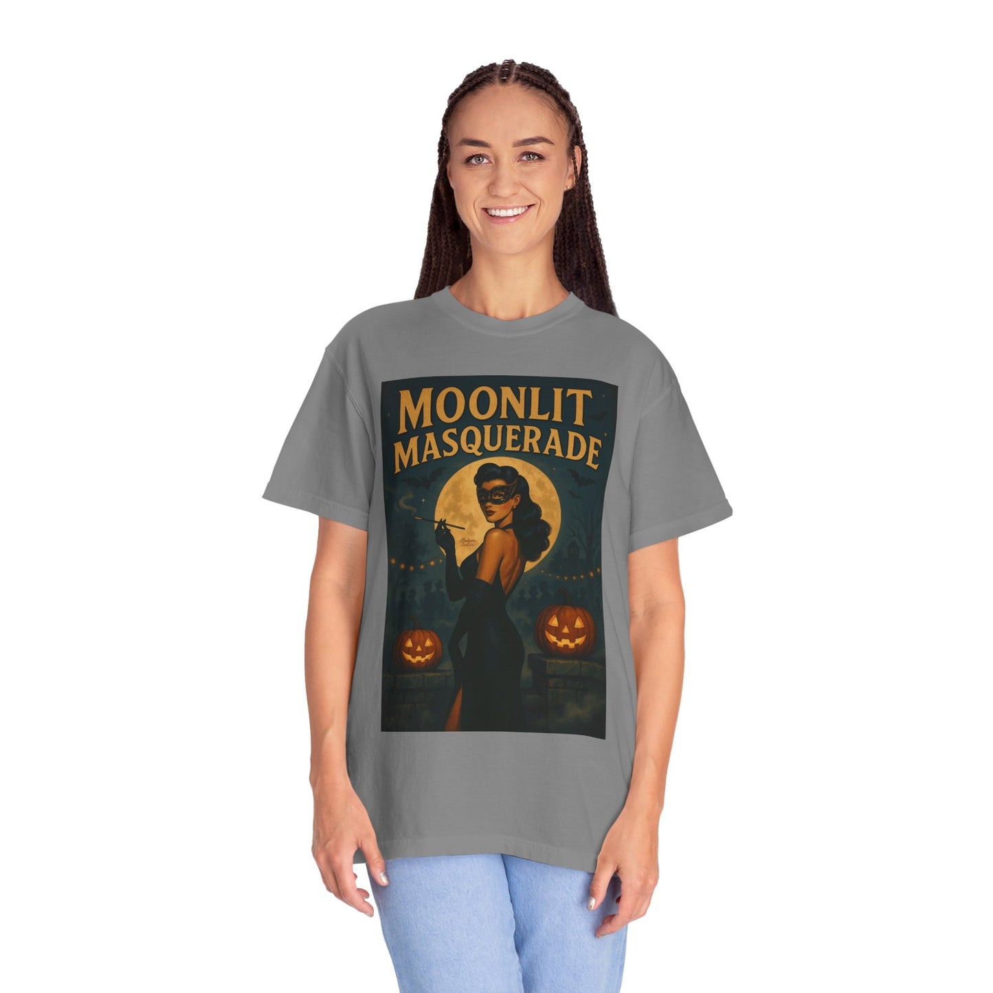 Moonlit Masquerade Halloween Unisex T-Shirt – Retro Vintage Masquerade Ball Graphic Tee, Spooky Horror Top - Madame Soulière
