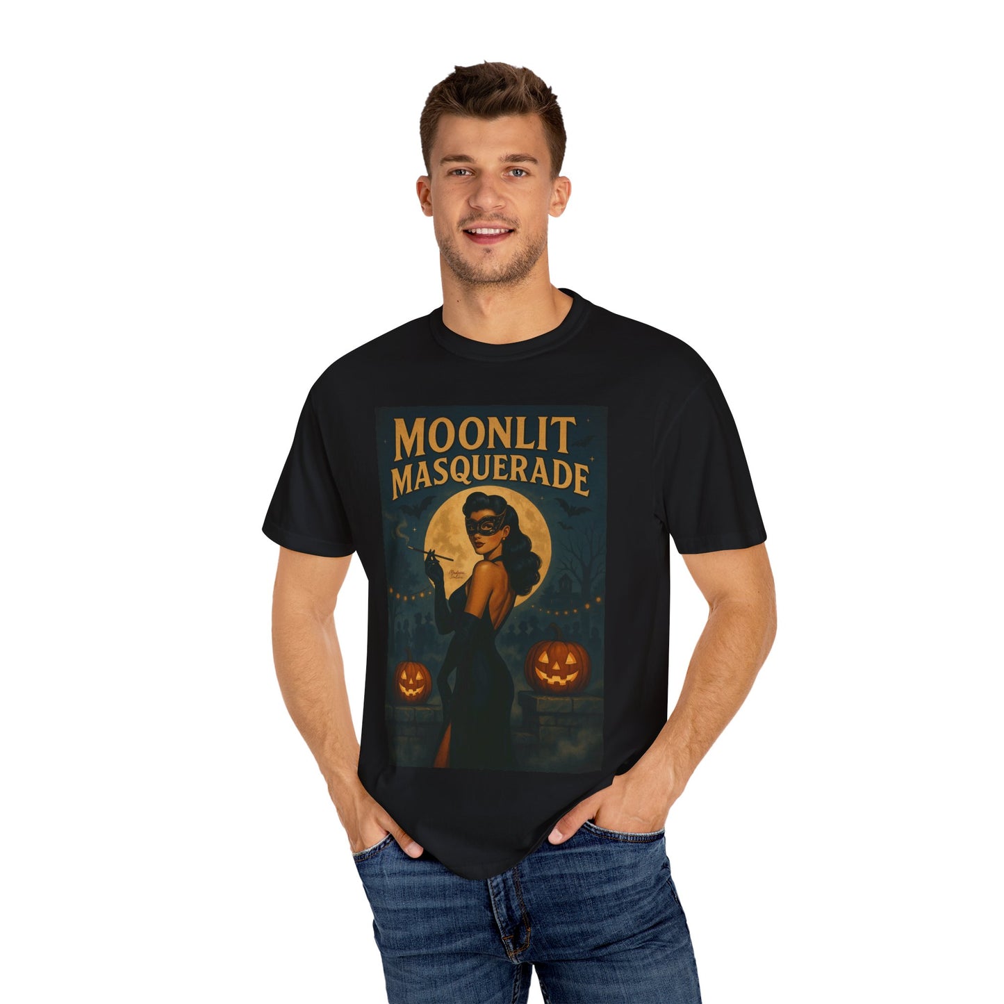 Moonlit Masquerade Halloween Unisex T-Shirt – Retro Vintage Masquerade Ball Graphic Tee, Spooky Horror Top - Madame Soulière