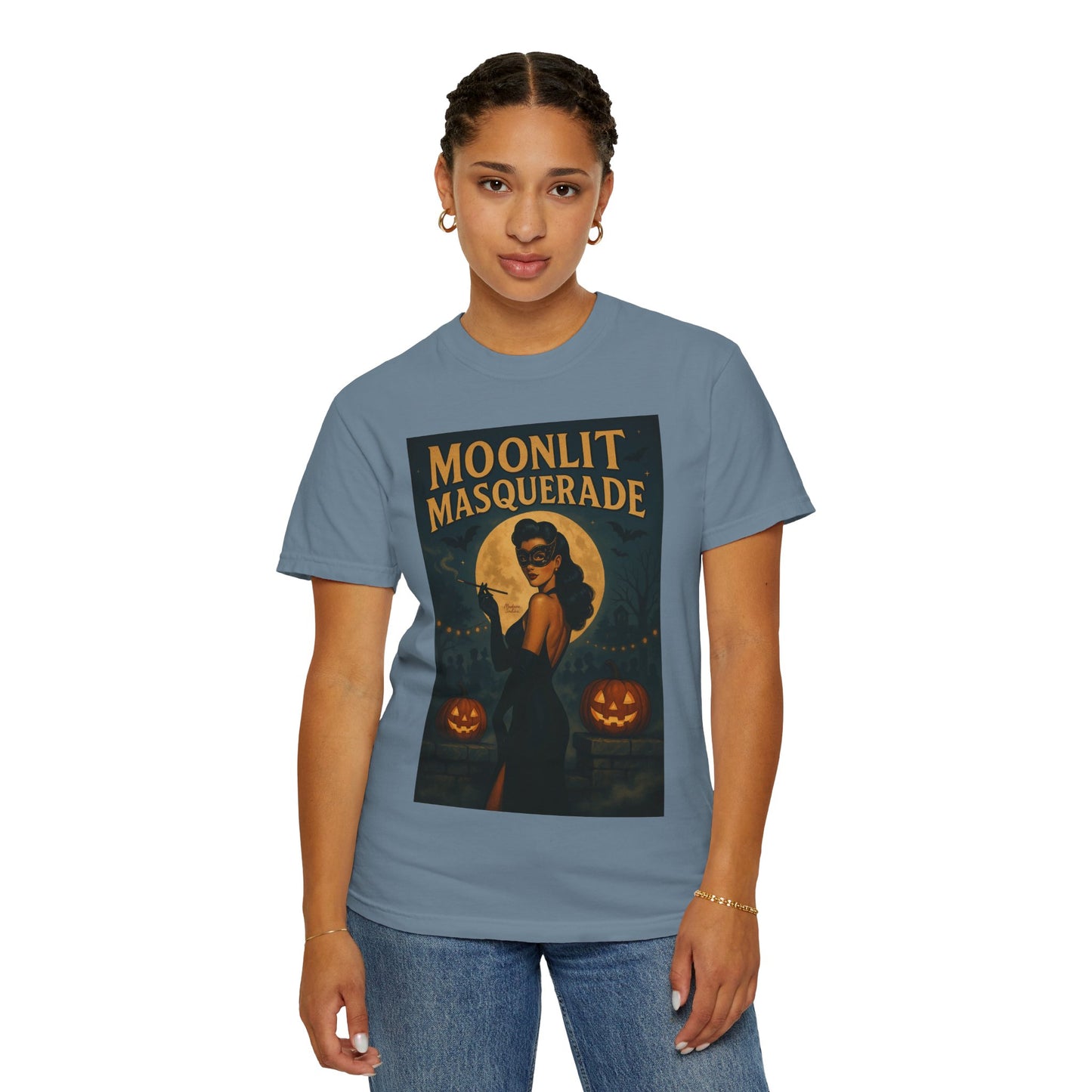 Moonlit Masquerade Halloween Unisex T-Shirt – Retro Vintage Masquerade Ball Graphic Tee, Spooky Horror Top - Madame Soulière