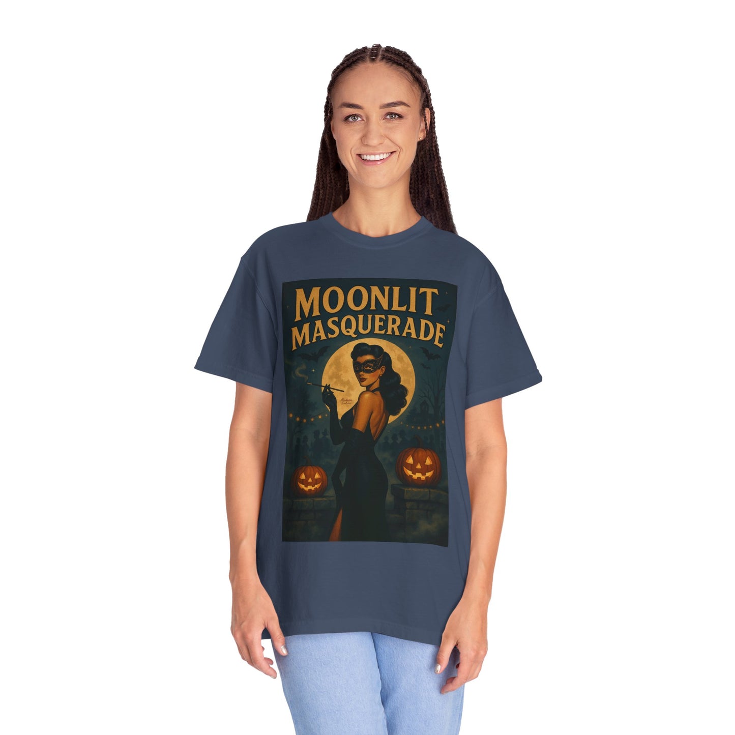 Moonlit Masquerade Halloween Unisex T-Shirt – Retro Vintage Masquerade Ball Graphic Tee, Spooky Horror Top - Madame Soulière