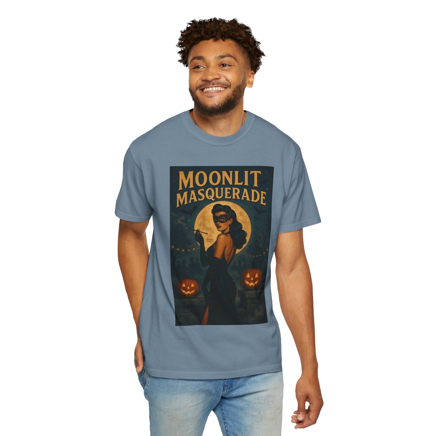 Moonlit Masquerade Halloween Unisex T-Shirt – Retro Vintage Masquerade Ball Graphic Tee, Spooky Horror Top - Madame Soulière