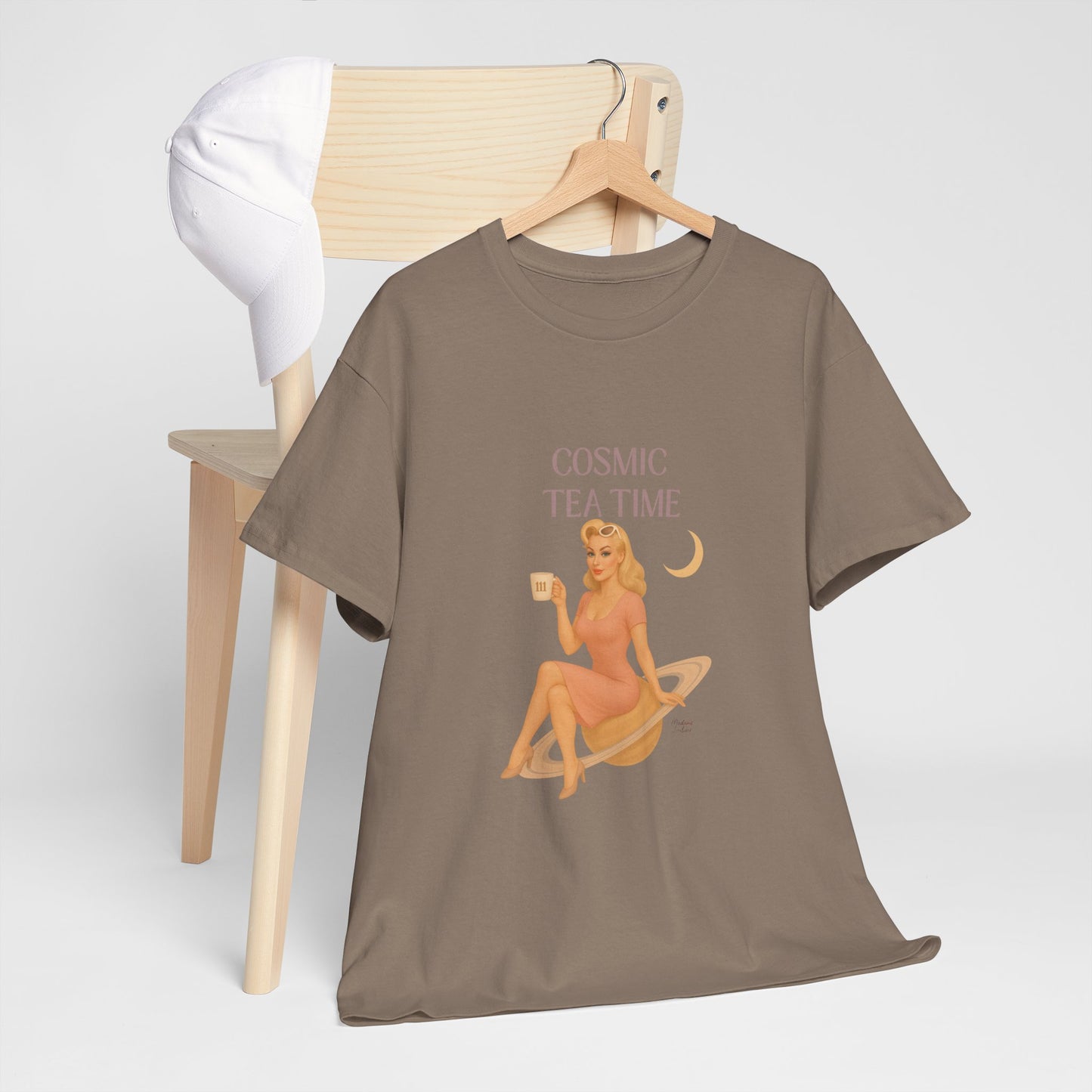Cosmic Tea Time 111 Unisex T-Shirt – Retro Vintage Graphic Tee, Angel Number Shirt, Spiritual Pin Up Top, Unisex Cosmic Vibes Tee - Madame Soulière