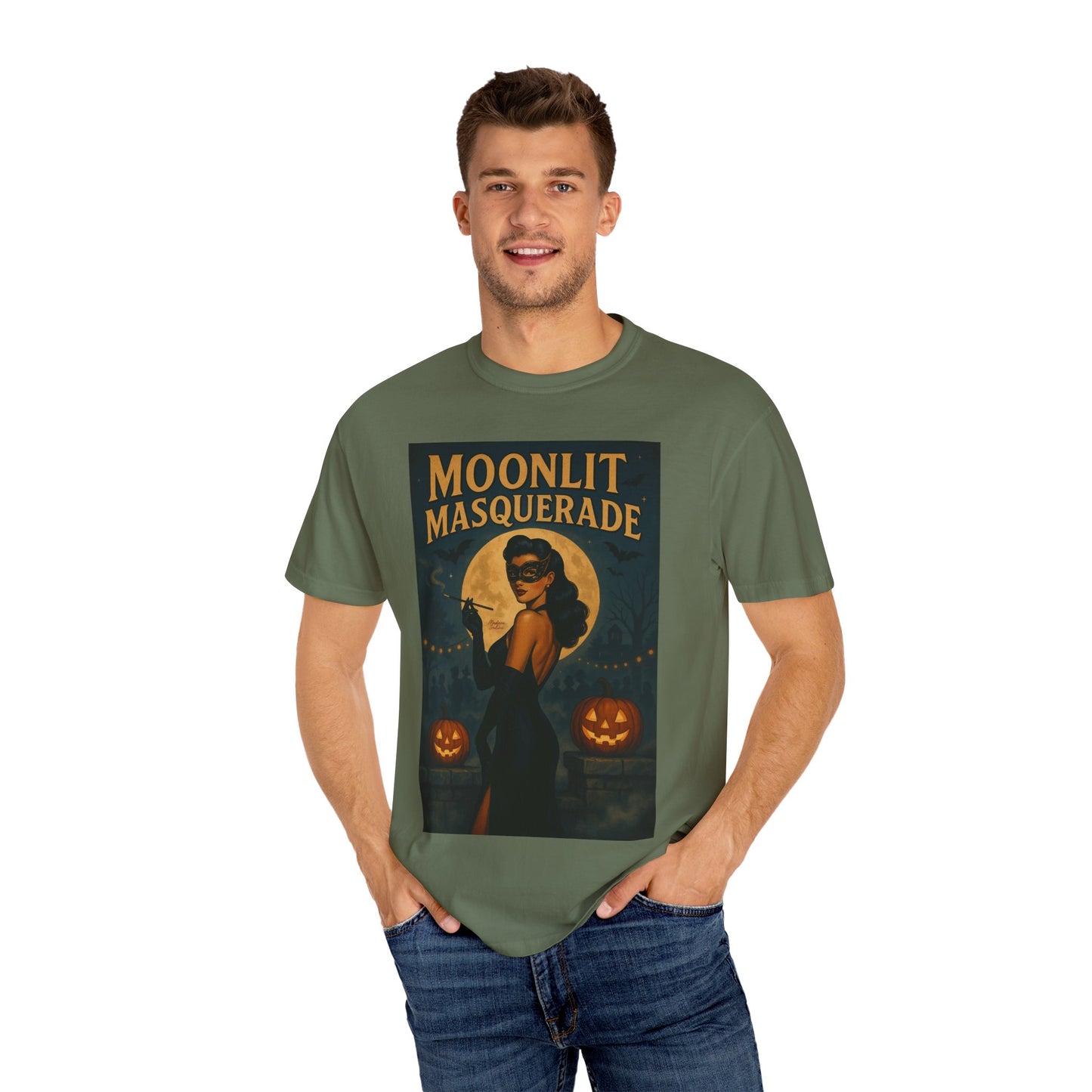 Moonlit Masquerade Halloween Unisex T-Shirt – Retro Vintage Masquerade Ball Graphic Tee, Spooky Horror Top - Madame Soulière