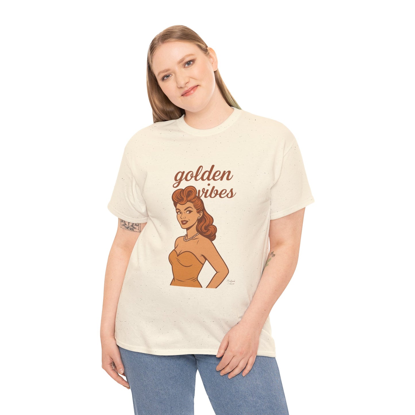 Golden Vibes – Retro Pin-Up Graphic Tee | Unisex Vintage Aesthetic T-Shirt - Madame Soulière