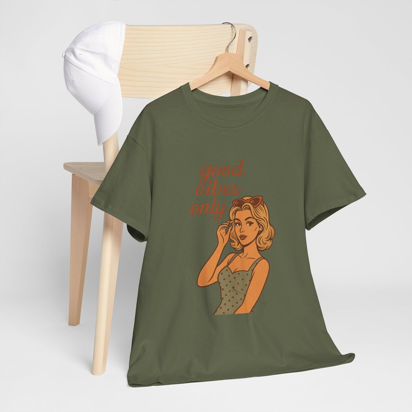 Retro Graphic Unisex T-Shirt – Good Vibes Only Vintage Pin Up Tee, 50s Inspired Feminine Empowerment Top, Spiritual Positive Energy Shirt - Madame Soulière