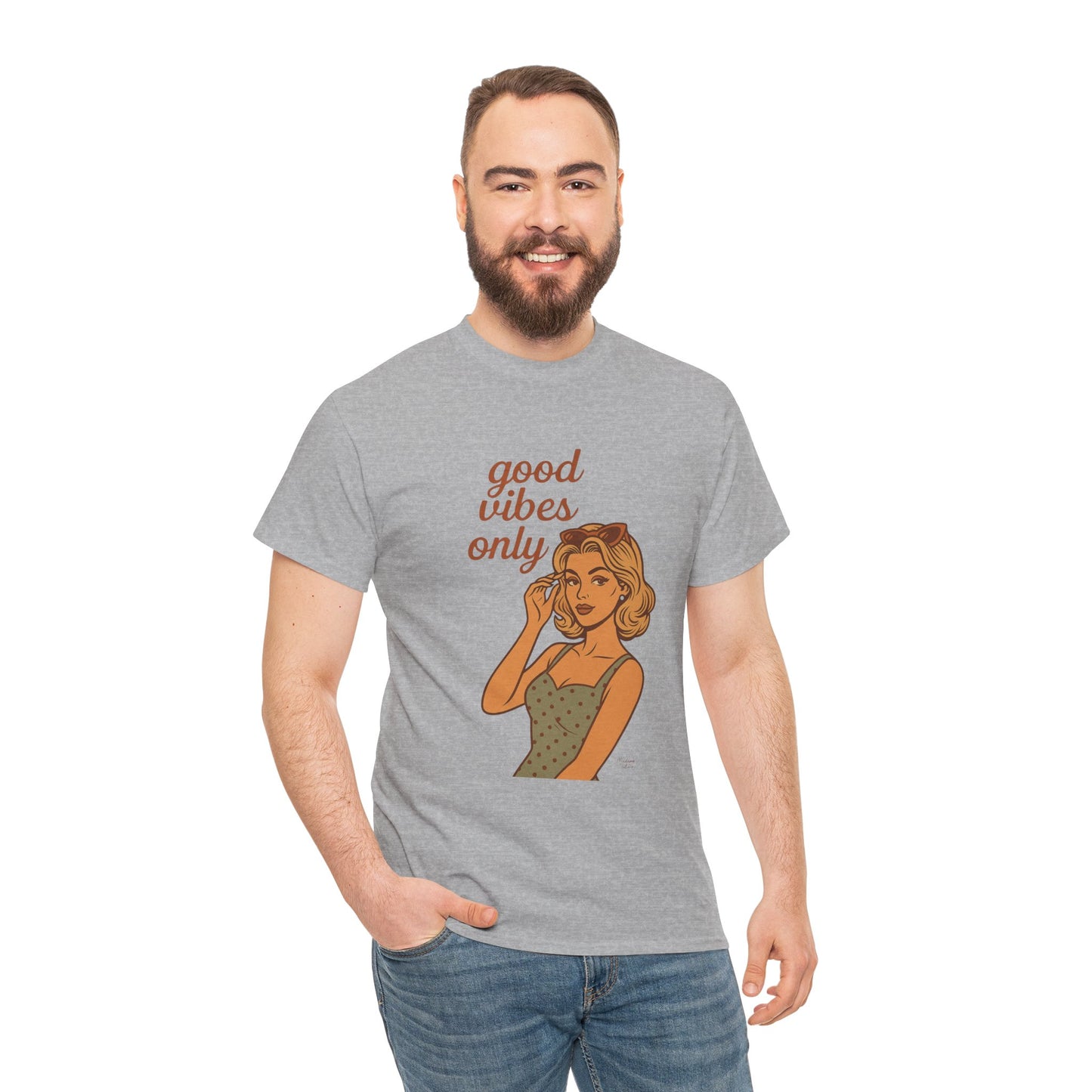 Retro Graphic Unisex T-Shirt – Good Vibes Only Vintage Pin Up Tee, 50s Inspired Feminine Empowerment Top, Spiritual Positive Energy Shirt - Madame Soulière