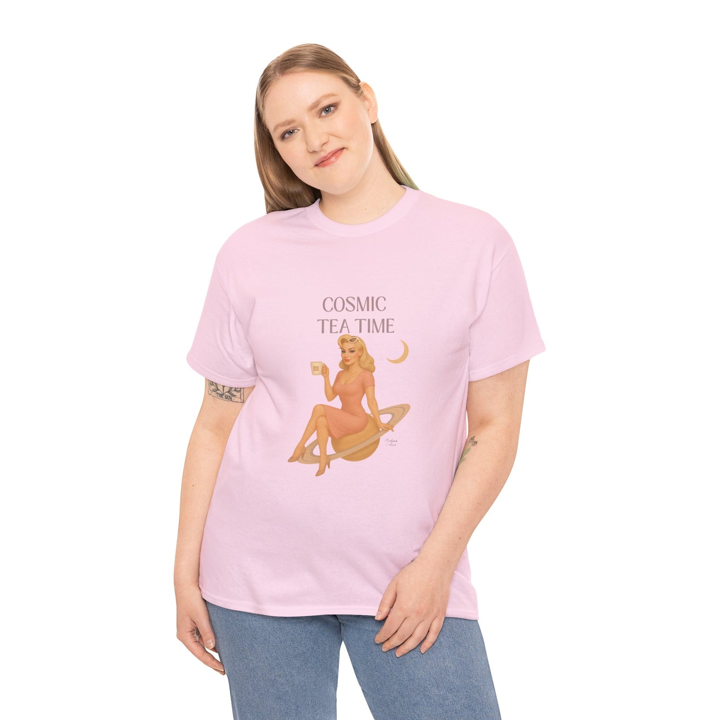 Cosmic Tea Time 111 Unisex T-Shirt – Retro Vintage Graphic Tee, Angel Number Shirt, Spiritual Pin Up Top, Unisex Cosmic Vibes Tee - Madame Soulière