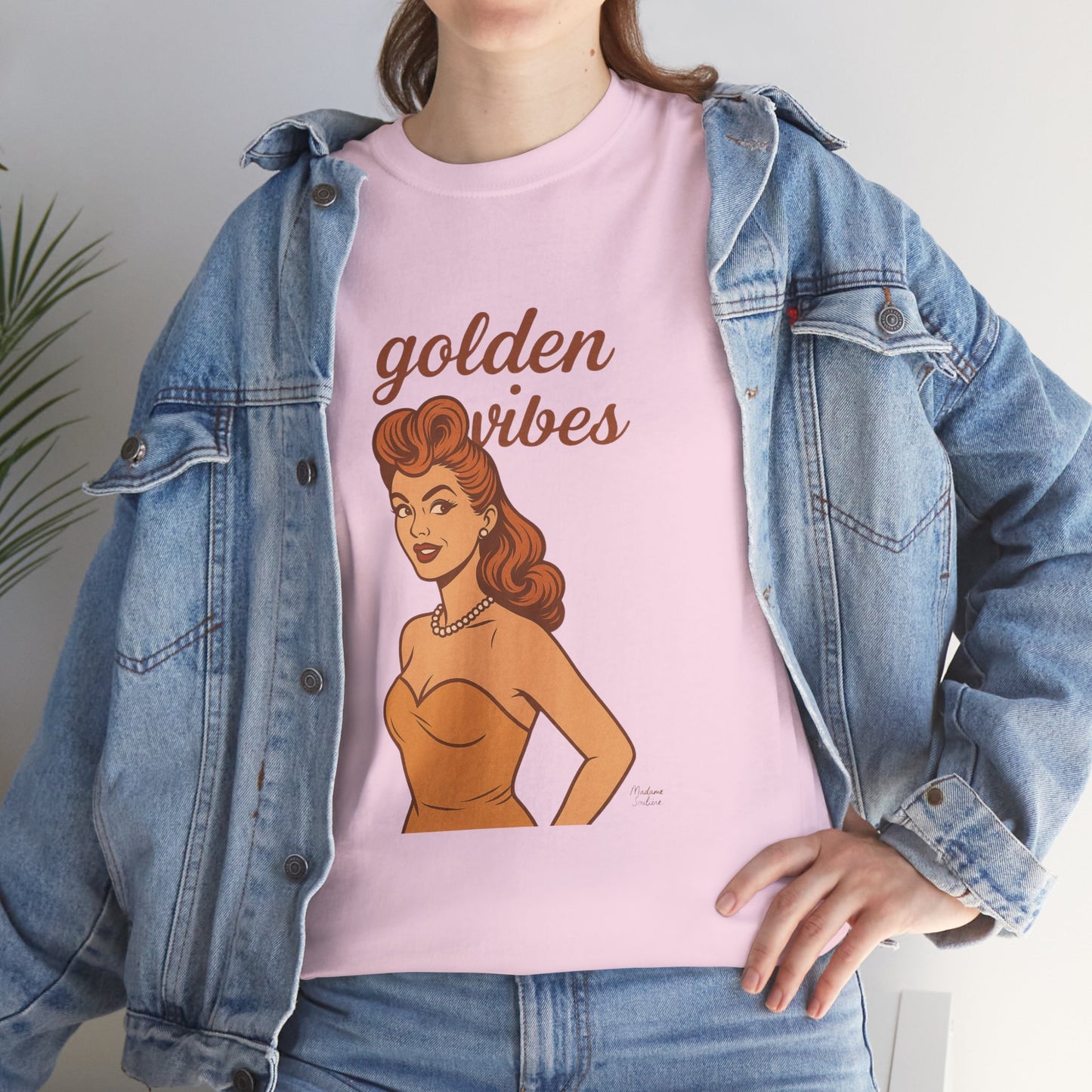 Golden Vibes – Retro Pin-Up Graphic Tee | Unisex Vintage Aesthetic T-Shirt - Madame Soulière
