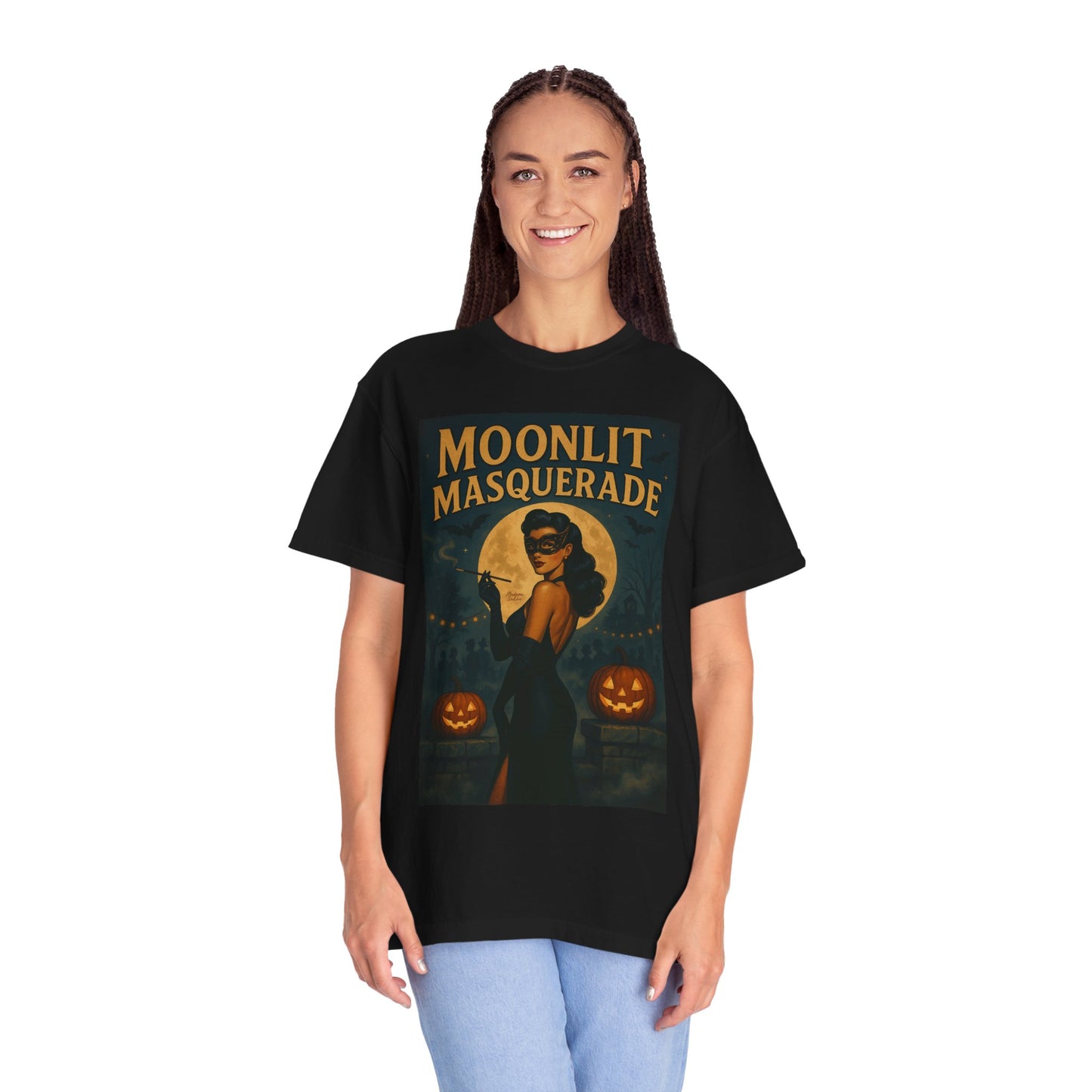Moonlit Masquerade Halloween Unisex T-Shirt – Retro Vintage Masquerade Ball Graphic Tee, Spooky Horror Top - Madame Soulière