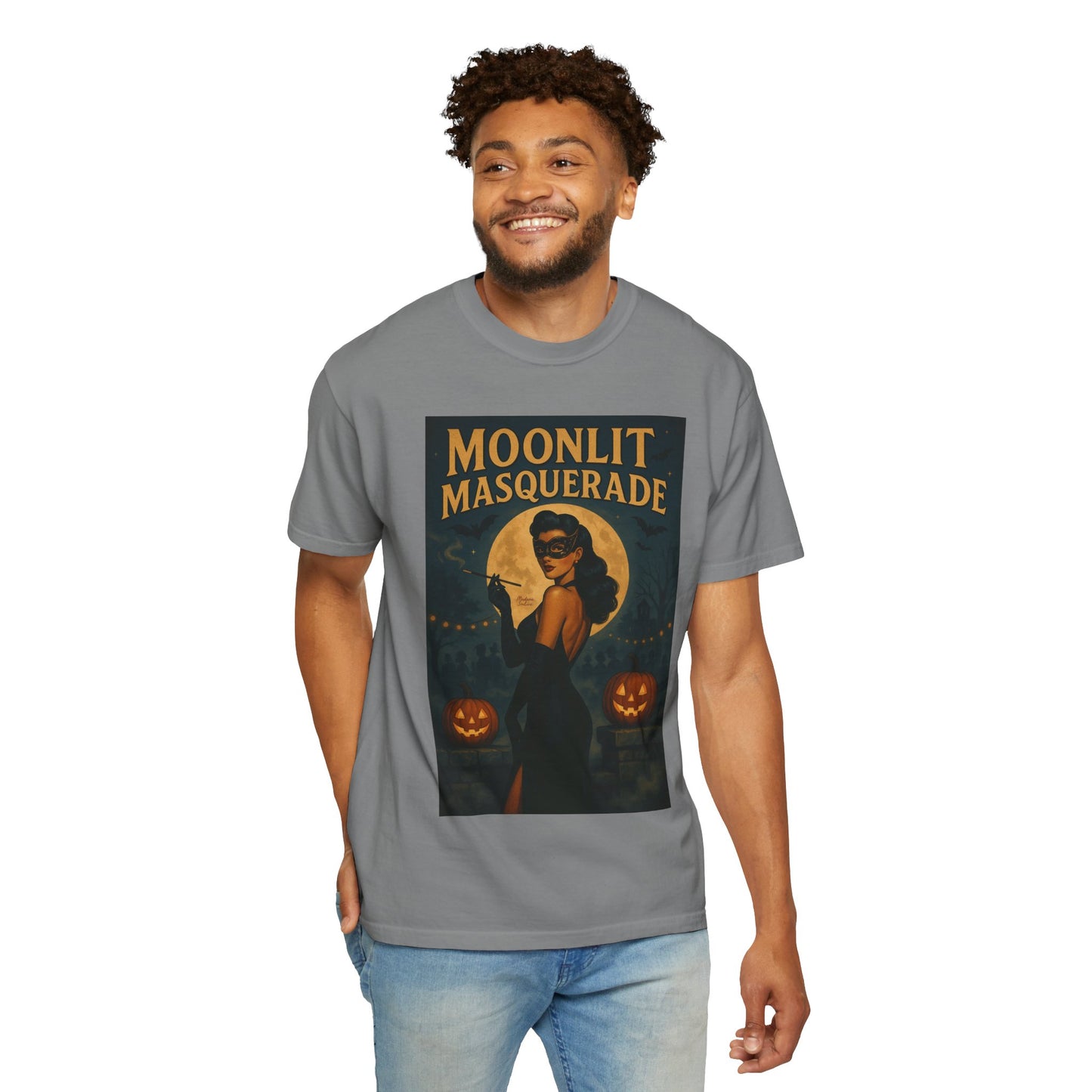 Moonlit Masquerade Halloween Unisex T-Shirt – Retro Vintage Masquerade Ball Graphic Tee, Spooky Horror Top - Madame Soulière